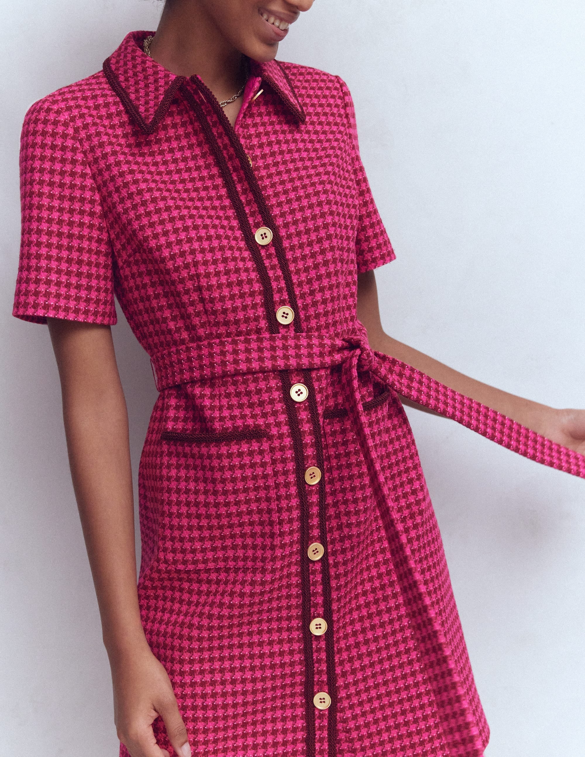 Loren Trim Short Dress-Red & Pink Dogtooth