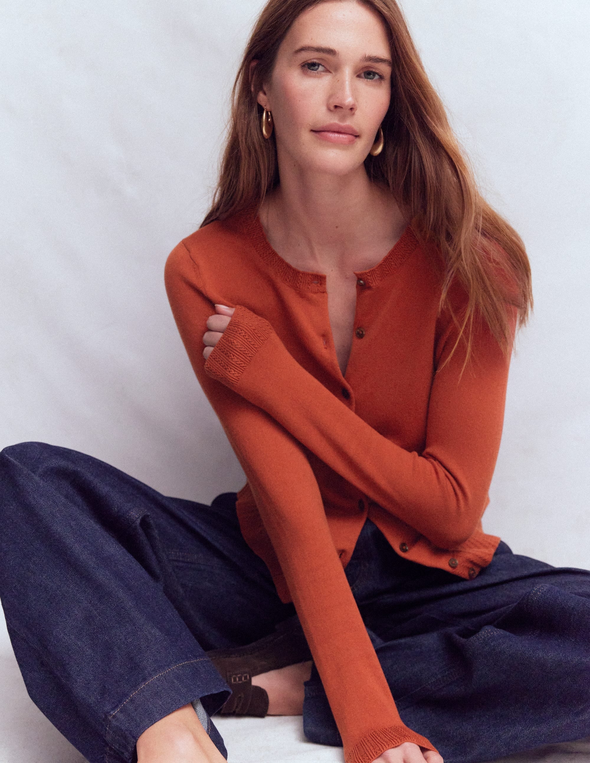 Emilia Cotton Crew Cardigan-Roasted Chestnut Brown