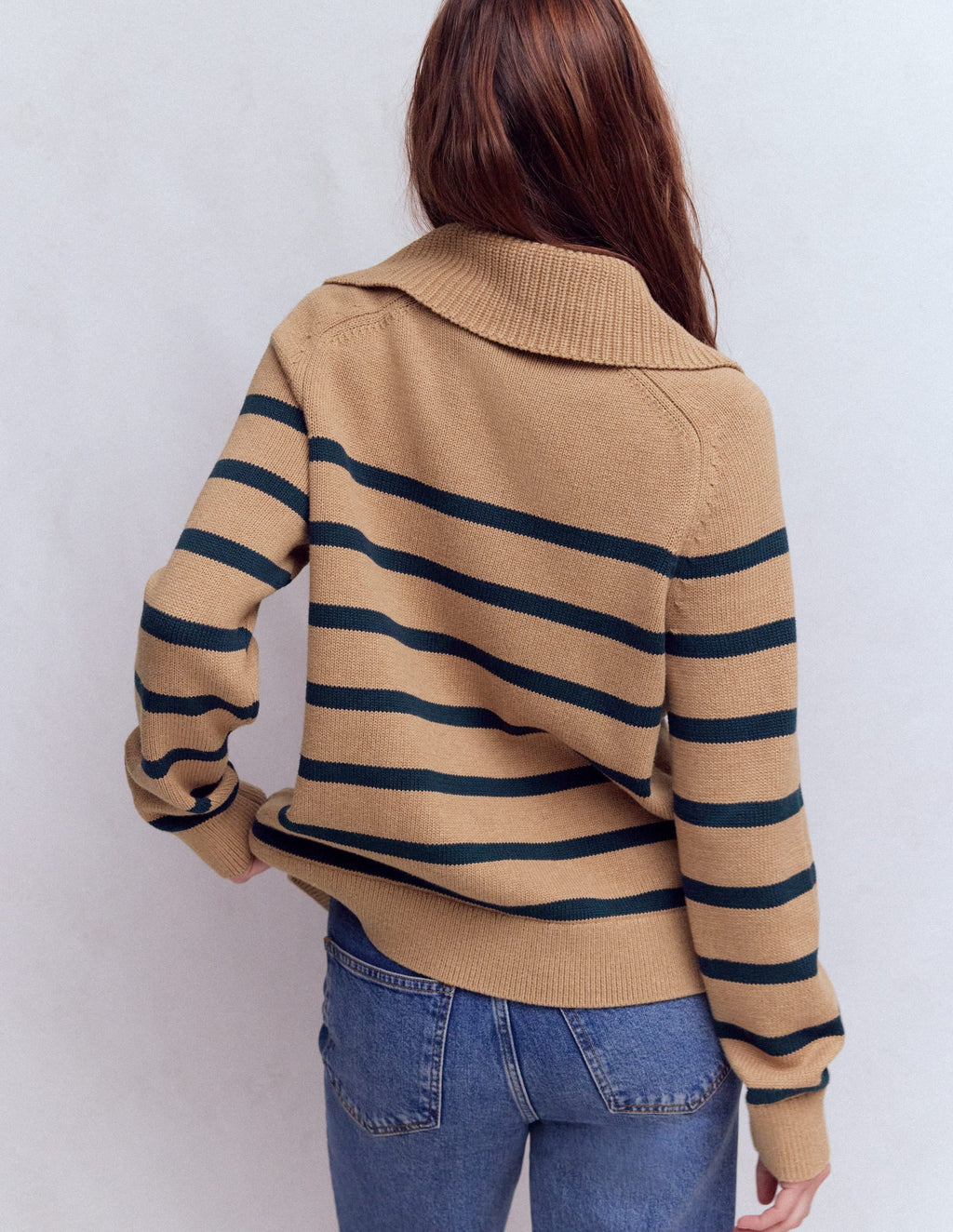 Lucy Half Zip Sweater-Camel Melange, Navy Stripe