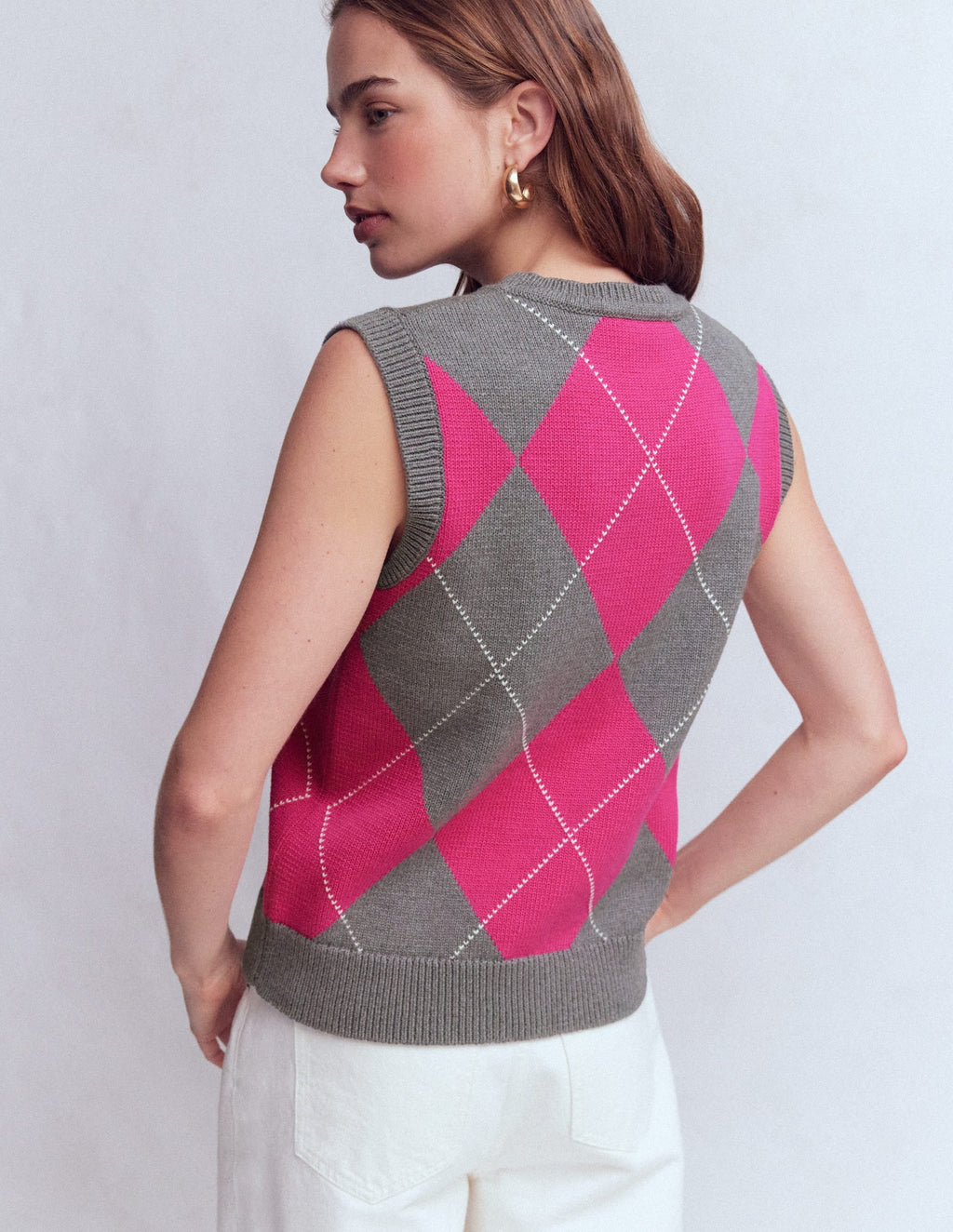 Lucy Cotton Vest-Pink/Grey Argyle