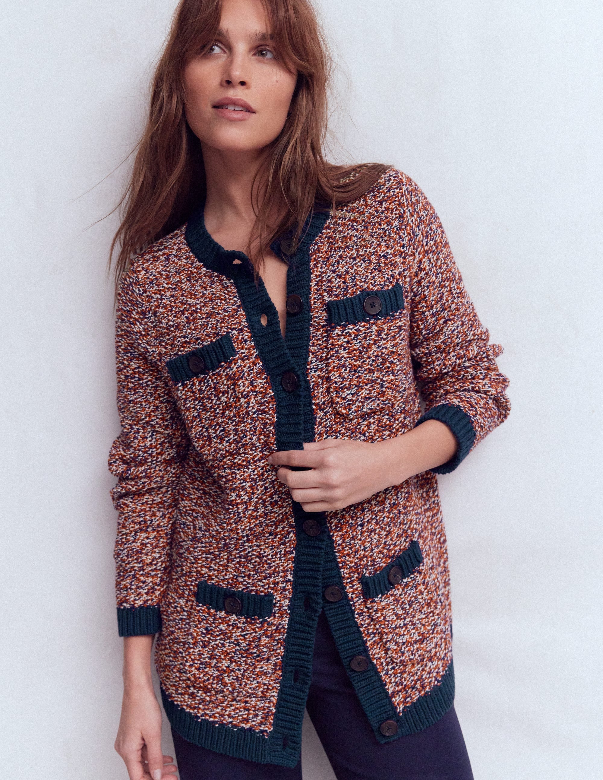 Textured Marl Cardigan-Navy/ Red Marl