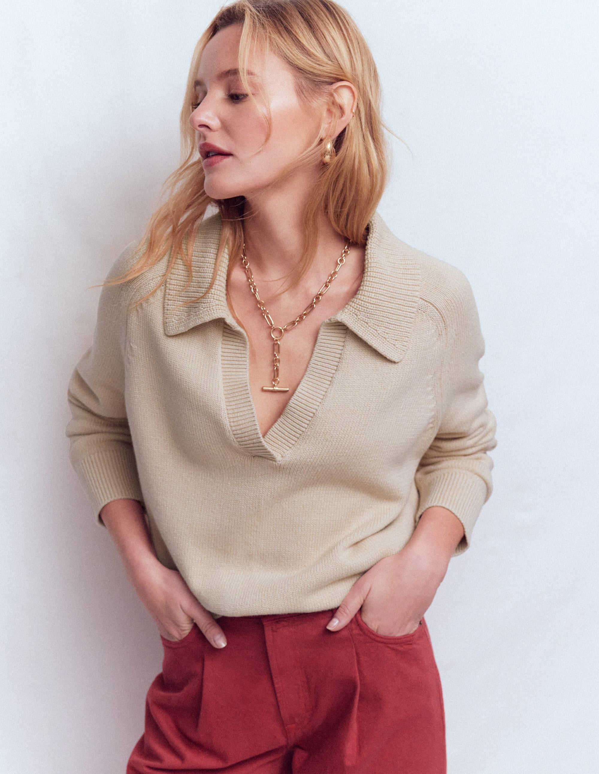 Cotton Henley Sweater-Almond Peach