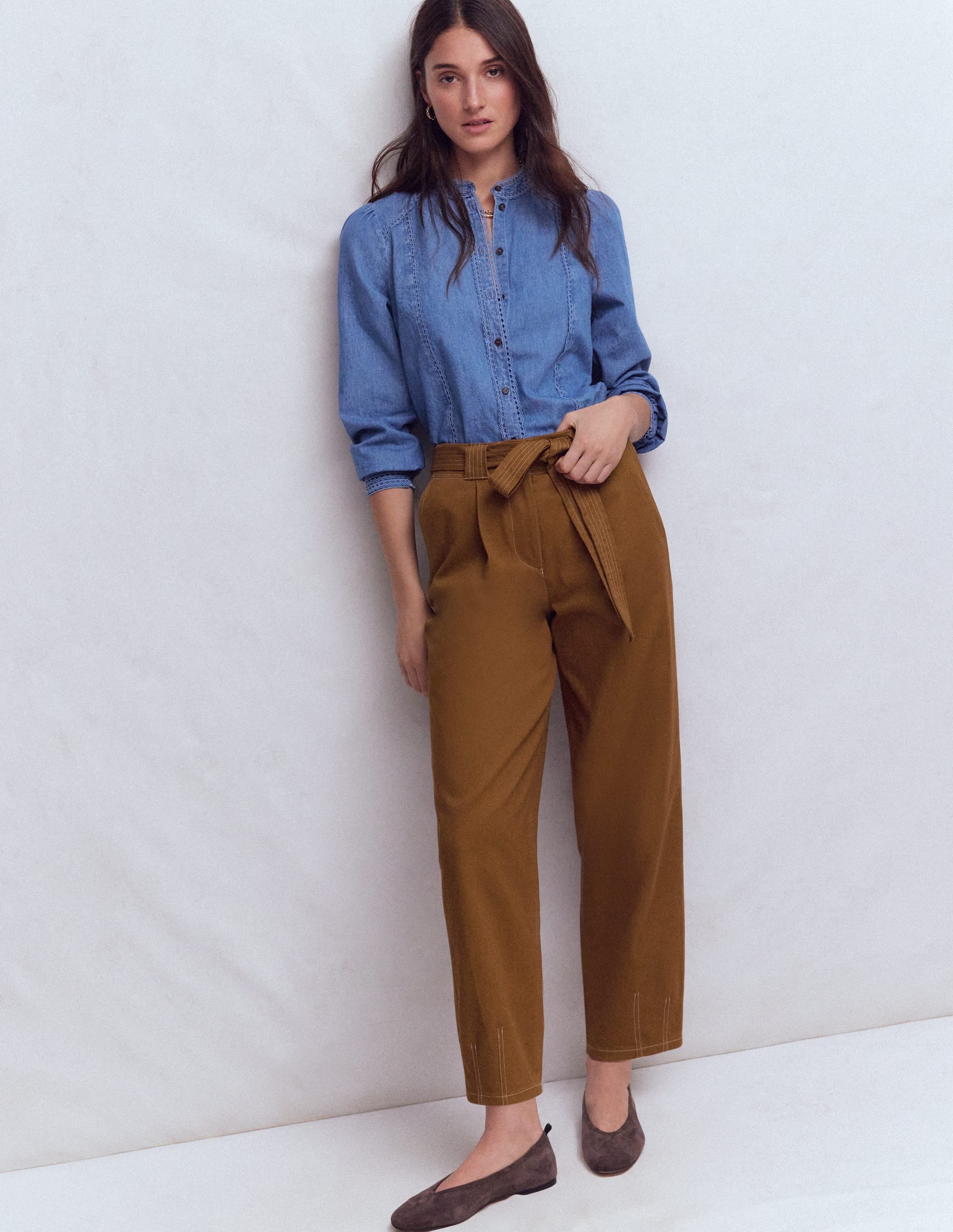 Belted Barrel Leg Pants-GINGERBREAD