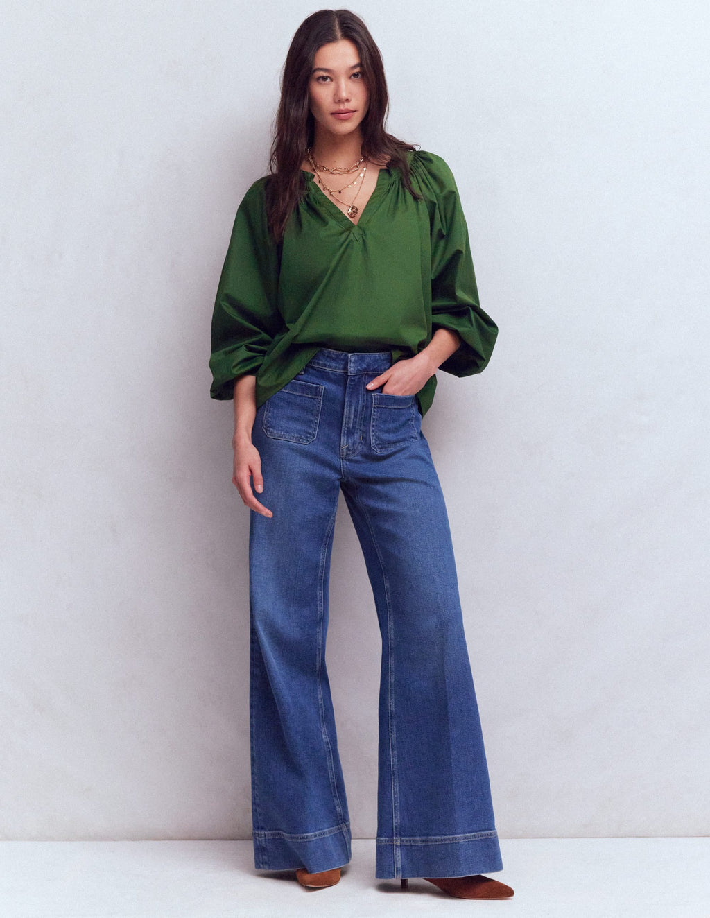 Serena Pleat Neck Top-Green Fir