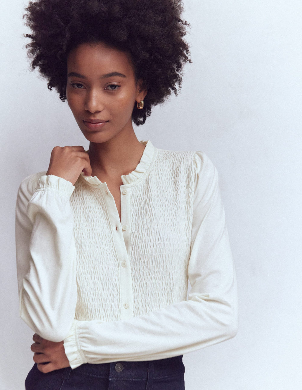 Supersoft Smocked button top-Ivory