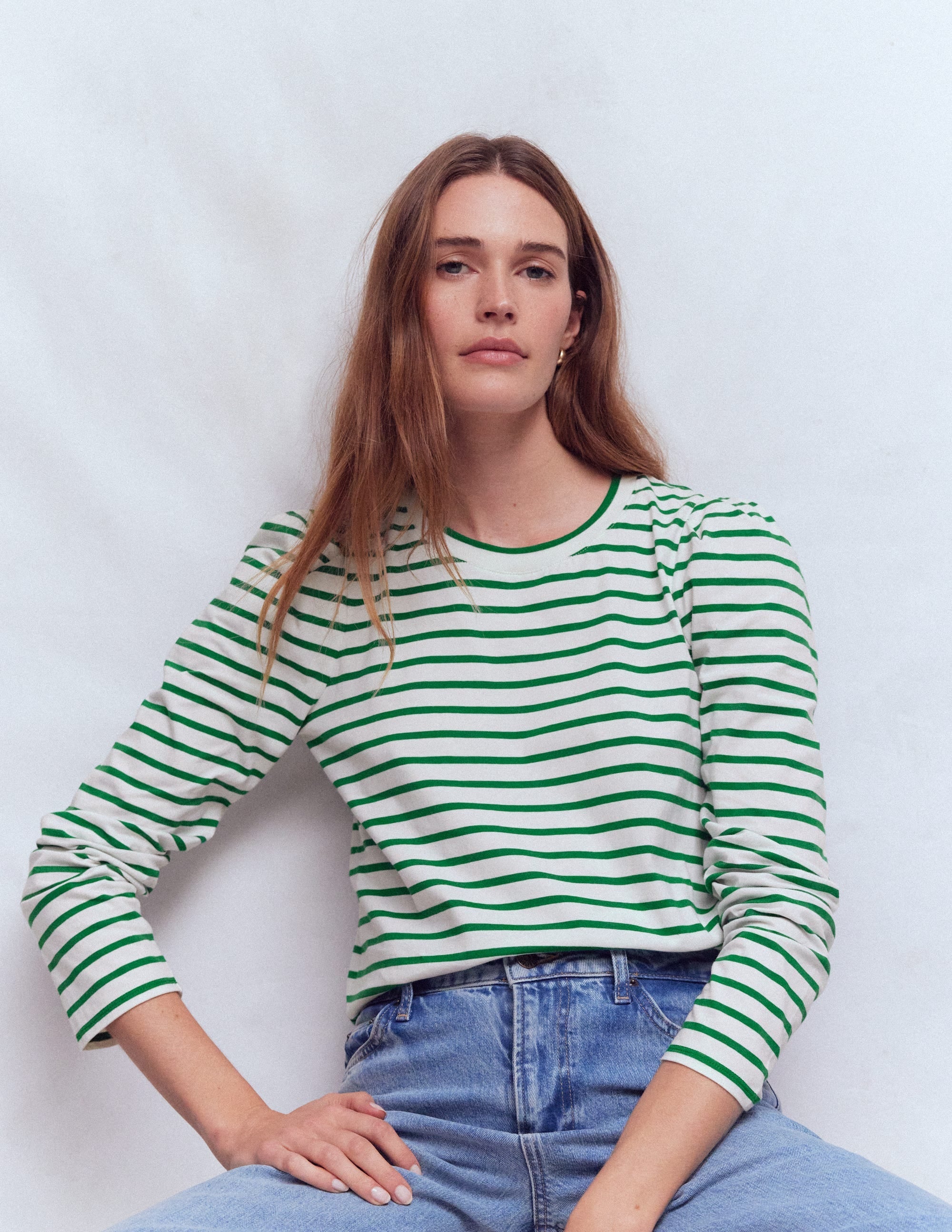 Pleat Sleeve Stripe Top-Jewel Green and Ivory Stripe