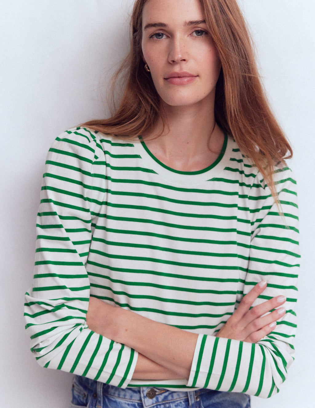 Pleat Sleeve Stripe Top-Jewel Green and Ivory Stripe