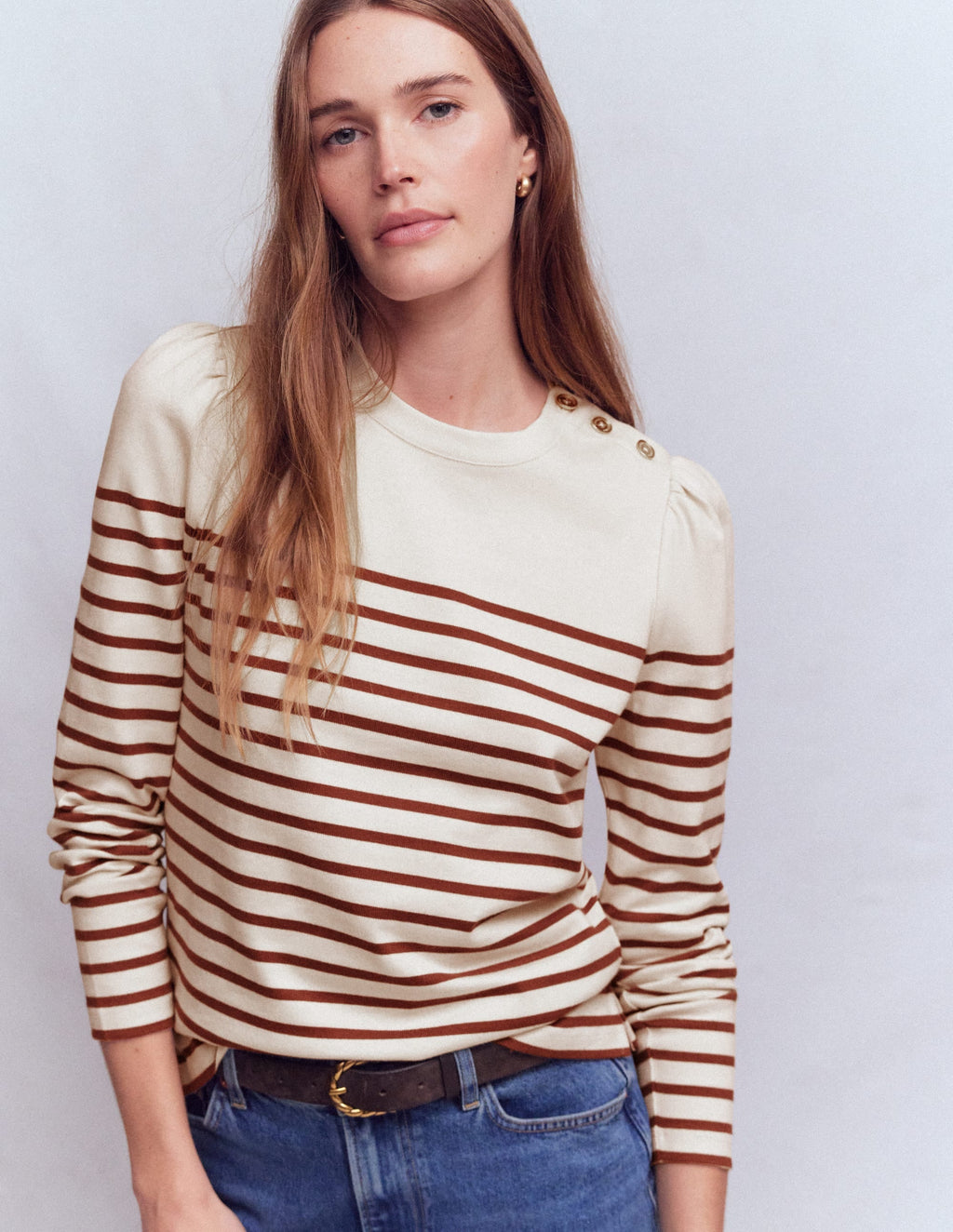 Button Shoulder Mariner-Ivory & Hot Chocolate Stripe