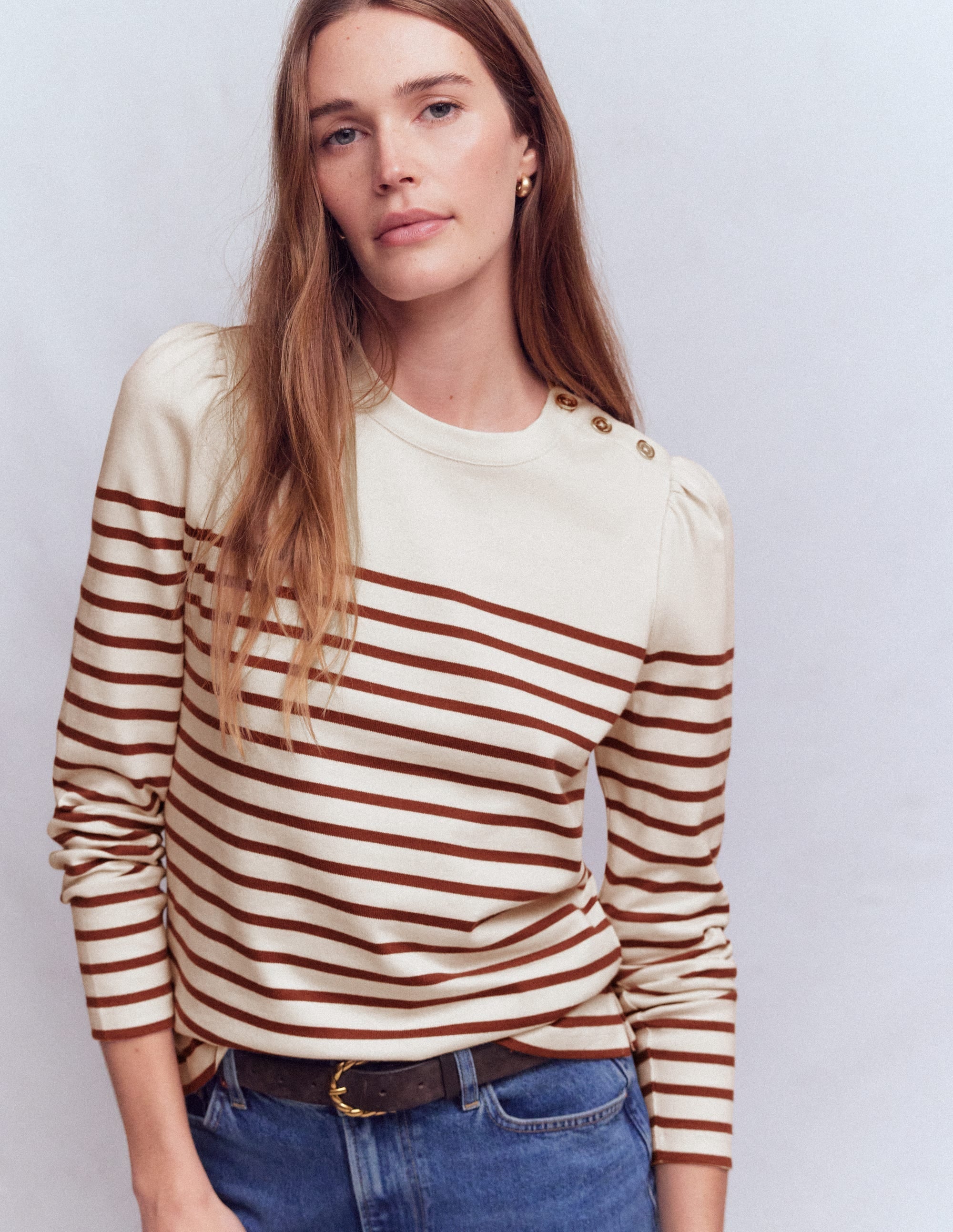 Button Shoulder Mariner-Ivory & Hot Chocolate Stripe