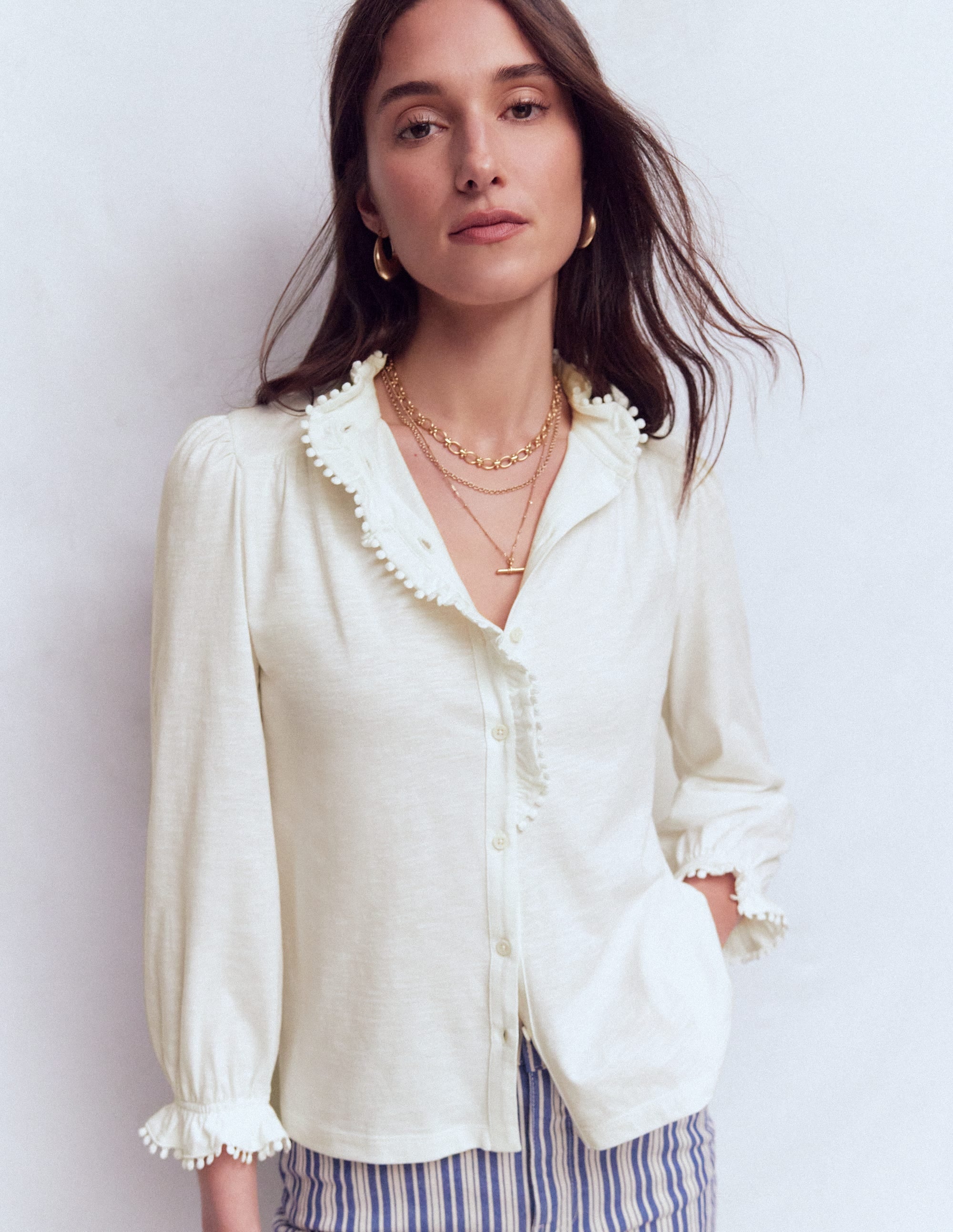Emily Pom Trim Ruffle Shirt-Ivory
