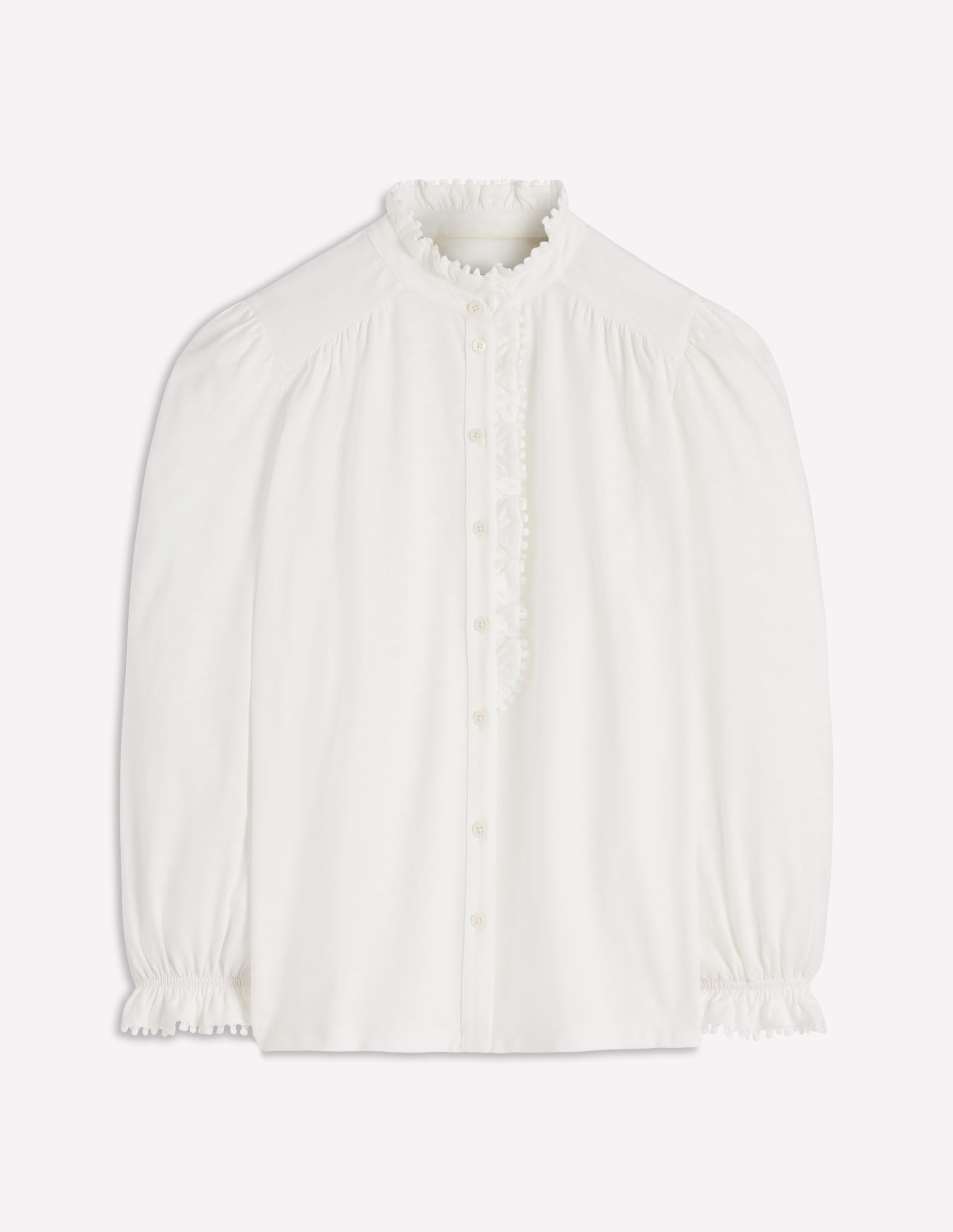 Emily Pom Trim Ruffle Shirt-Ivory