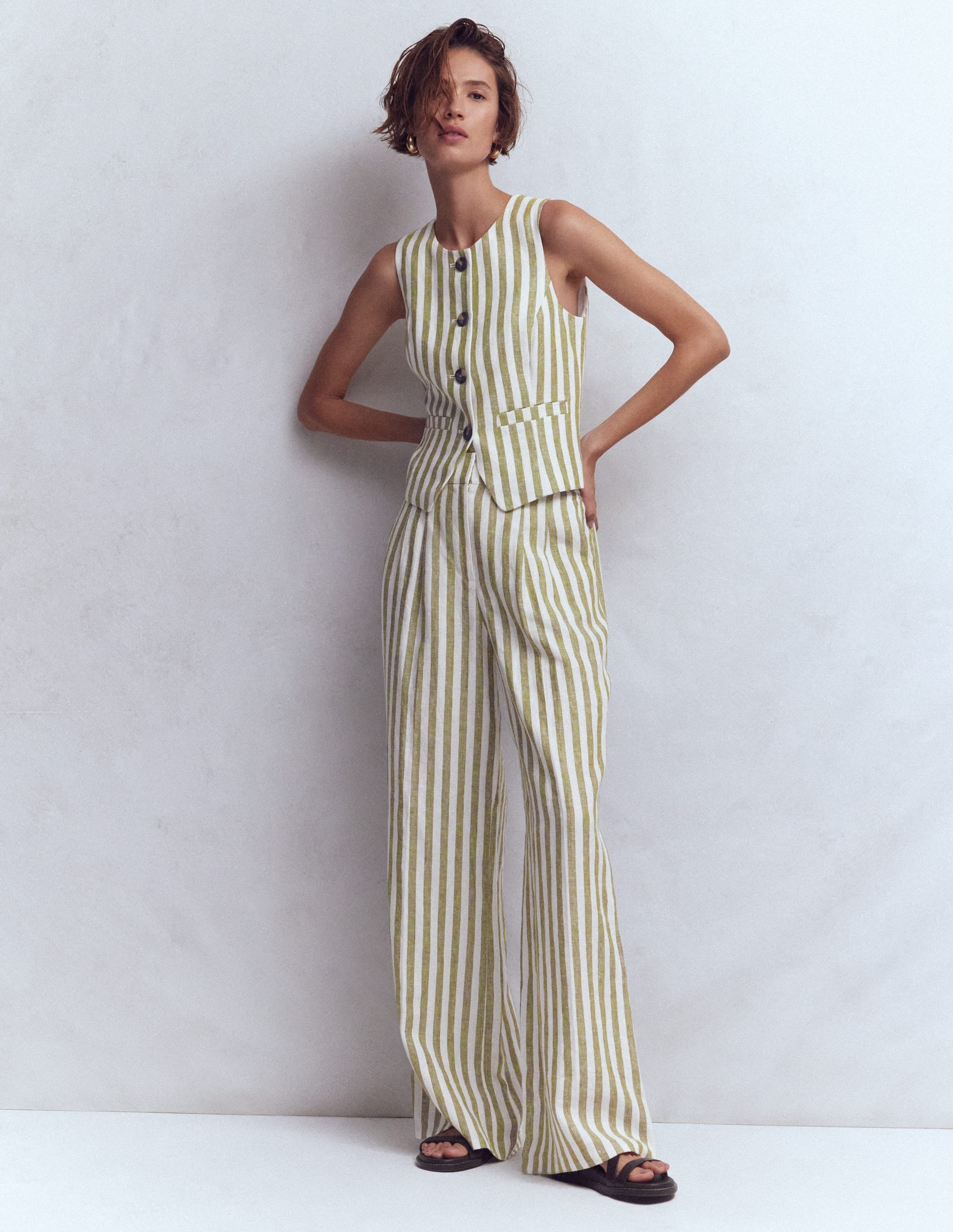 Linen Waistcoat-Olive, Ivory Stripe