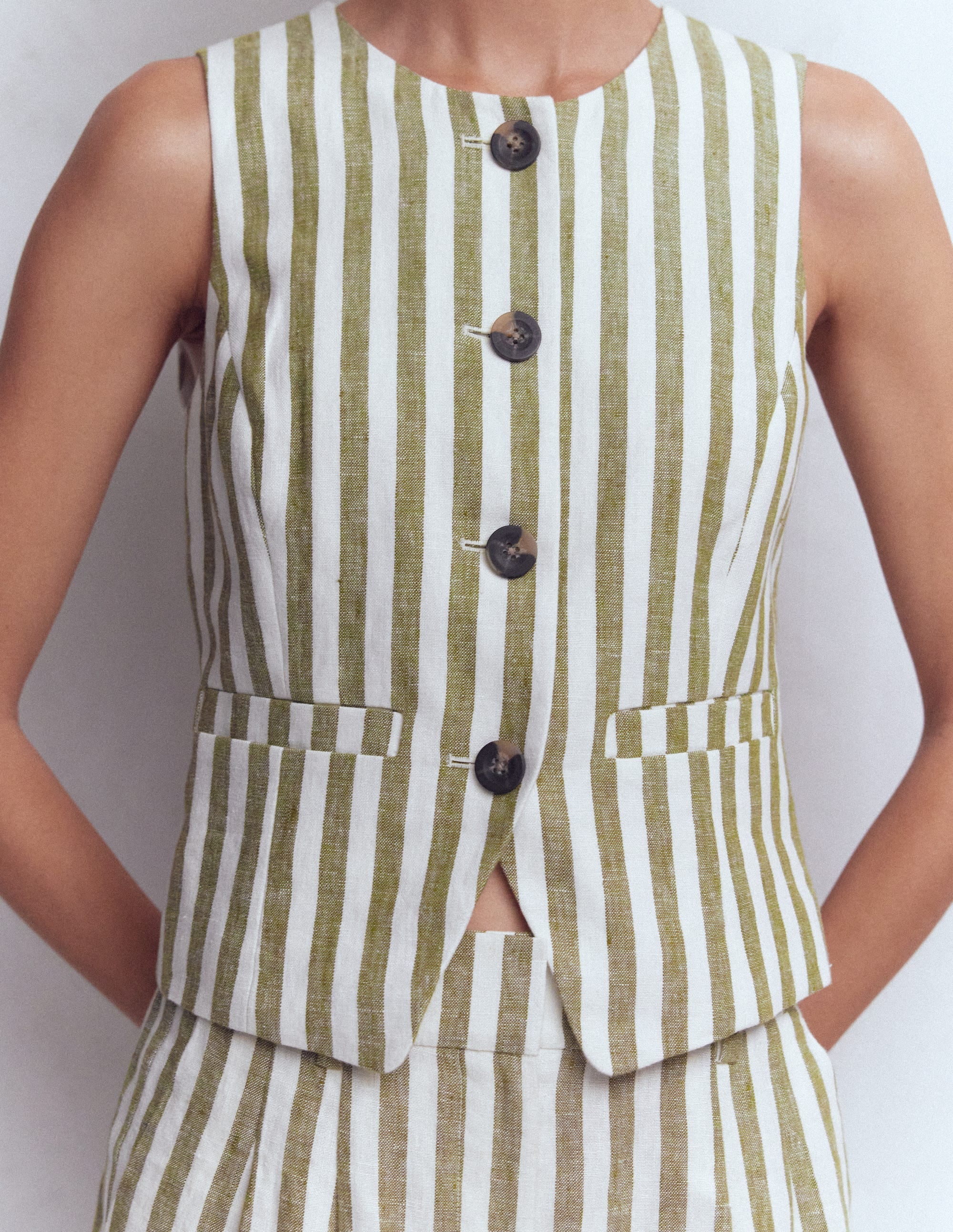 Linen Waistcoat-Olive, Ivory Stripe