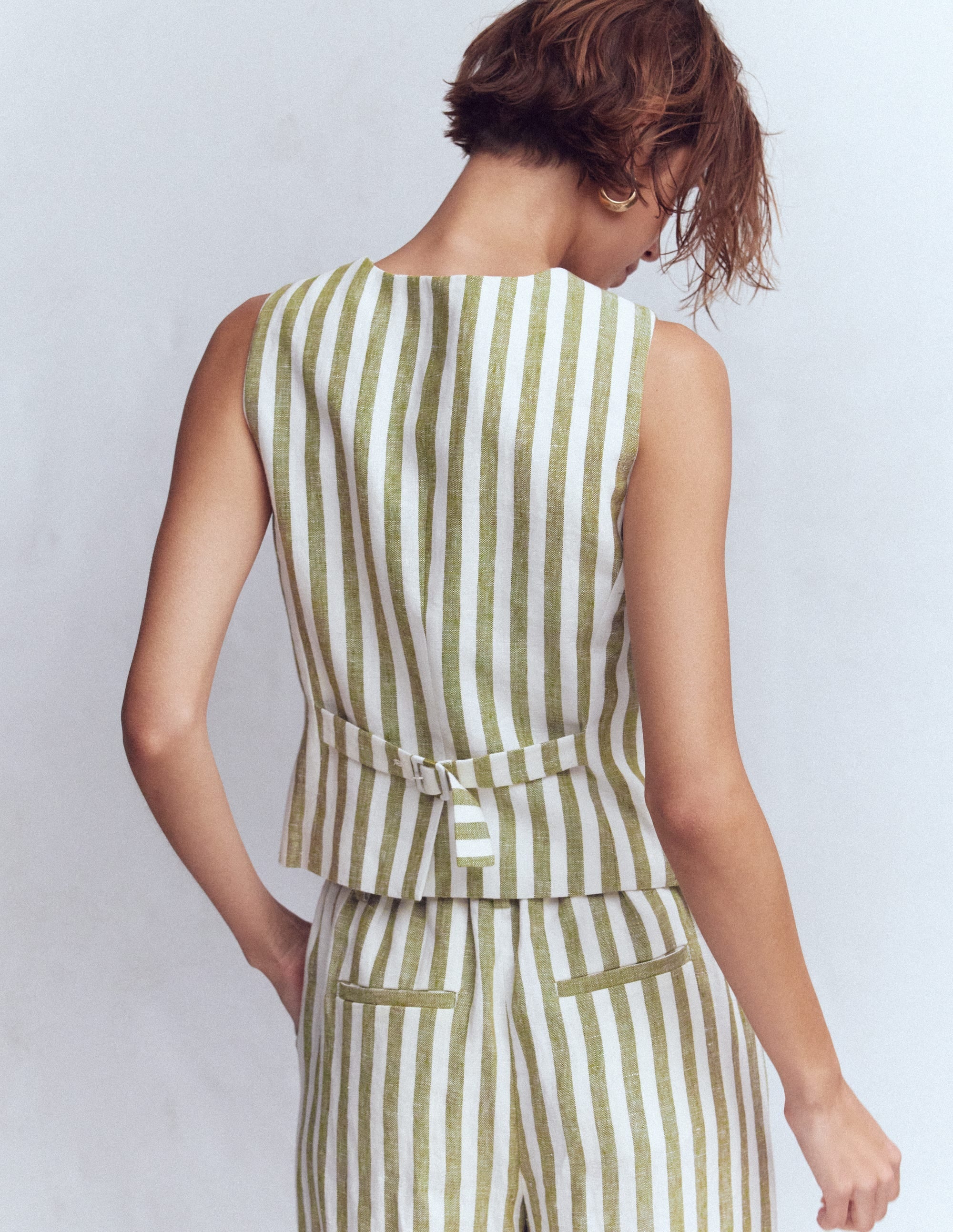 Linen Waistcoat-Olive, Ivory Stripe