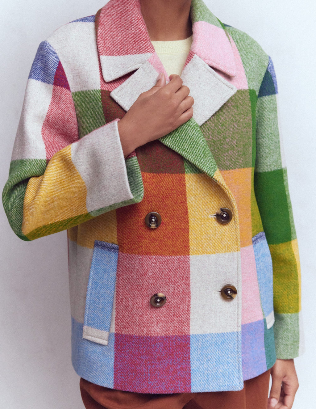 Revere Collar Wool Coat-Giant Multigingham