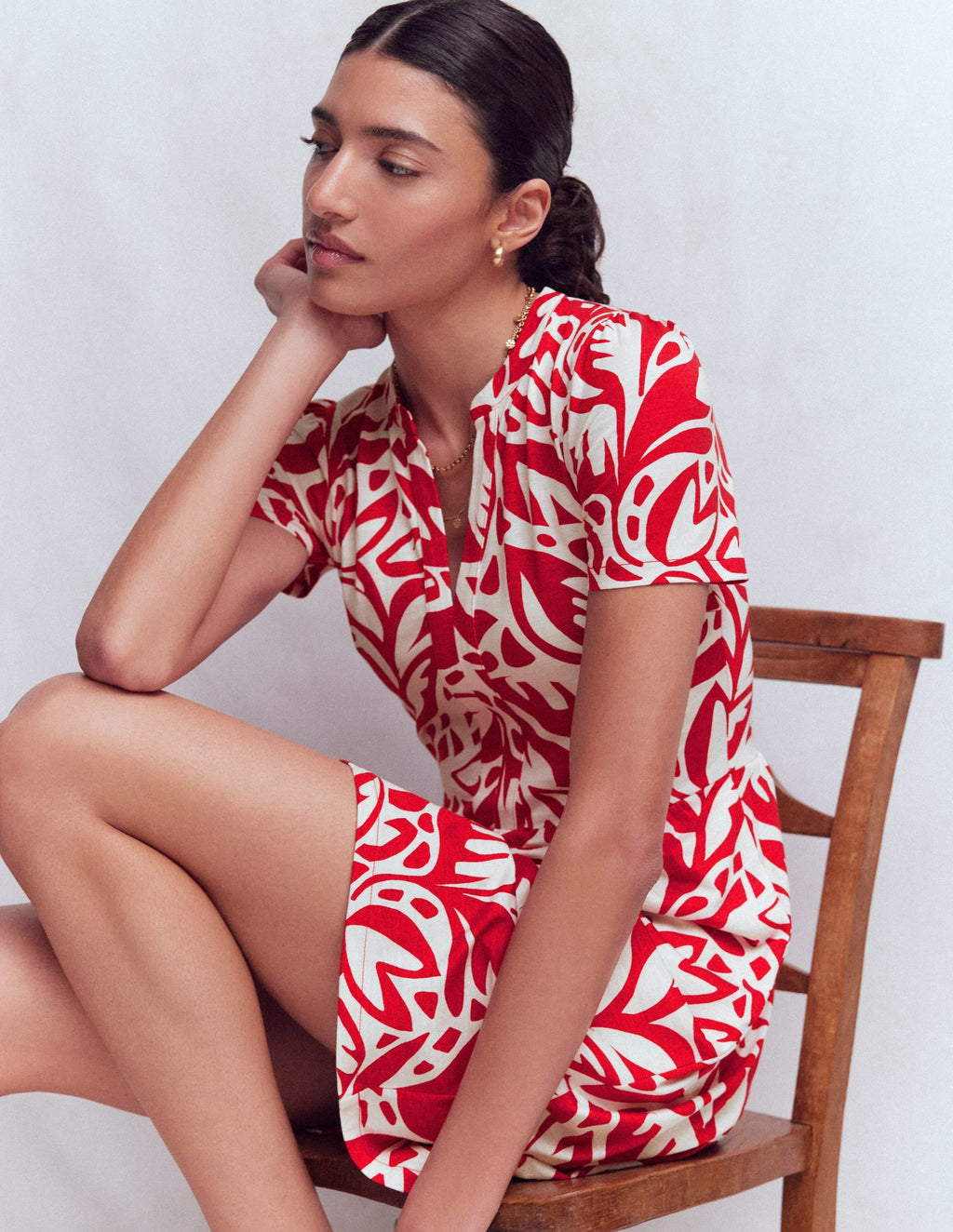 Naomi Short Sleeve Dress-Merida Red, Leafy Cascade Mono