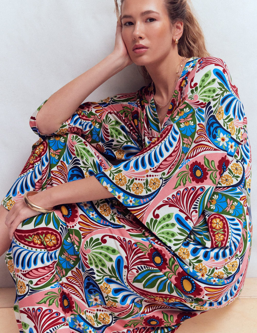 Nell Kimono Midi Jersey Dress-Multi, Enchanted Paisley