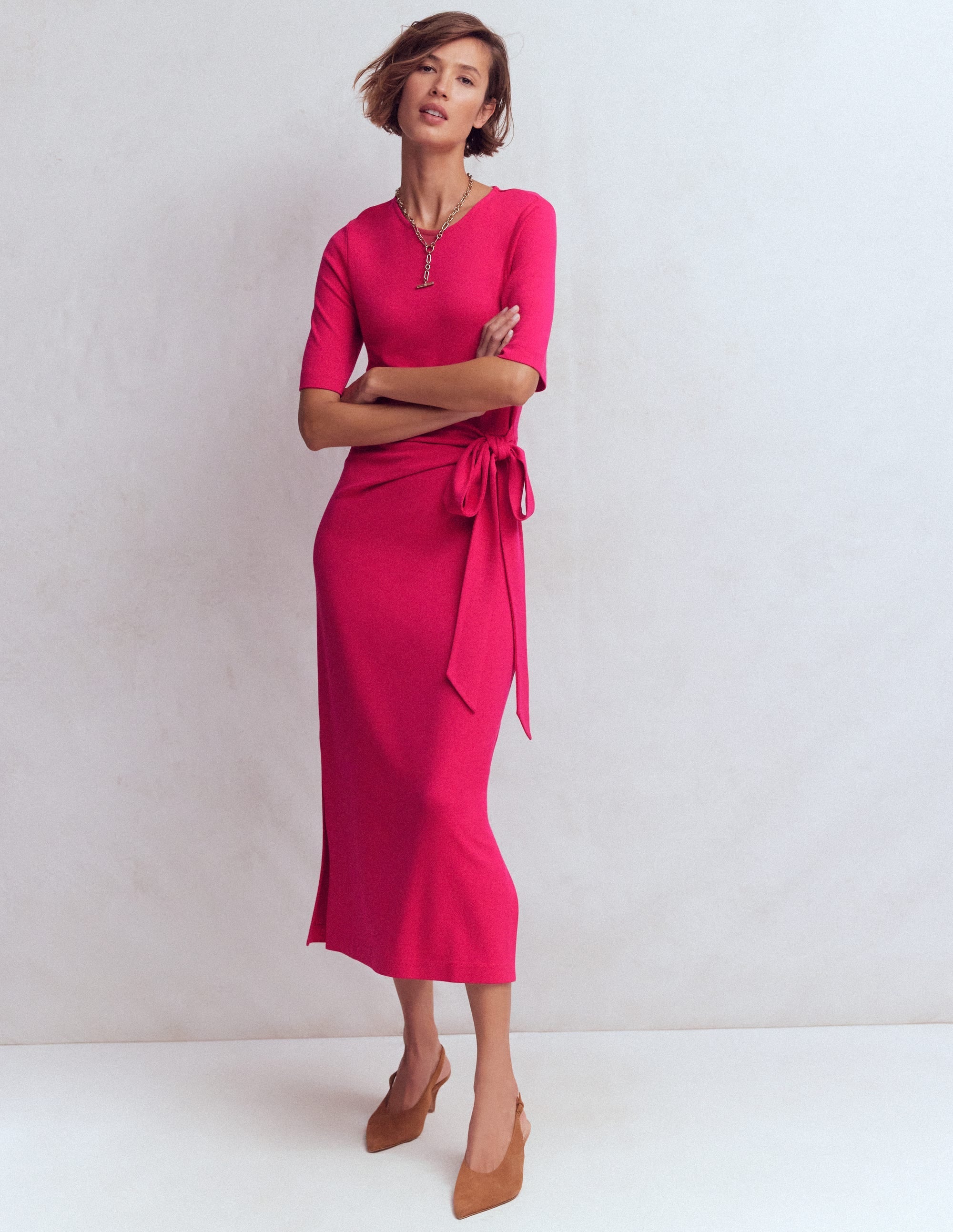 Zinnia Tie Jersey Midi Dress-Vibrant Pink