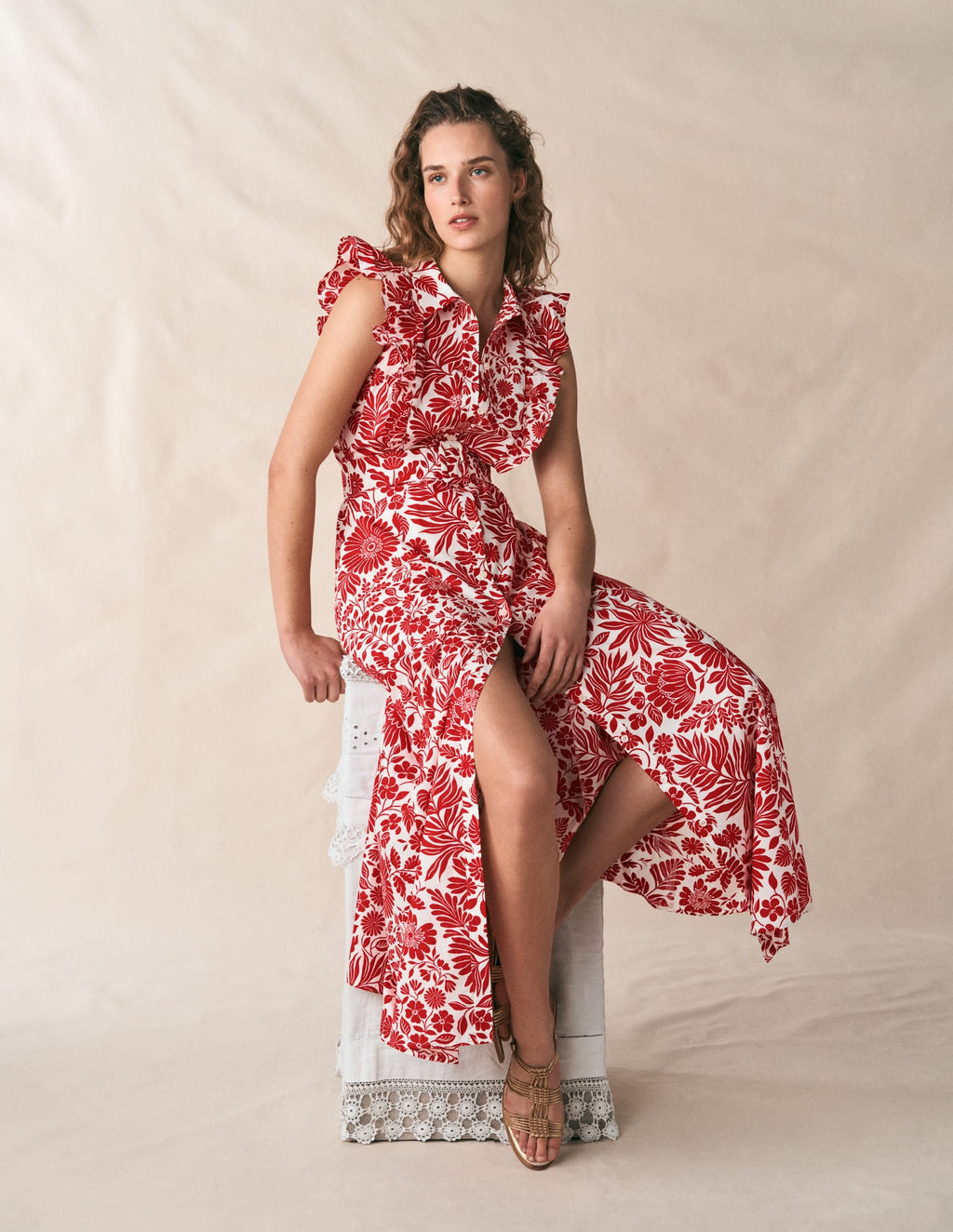 Ruffle Bodice Shirt Dress-Merida Red, Flowerbed Bloom