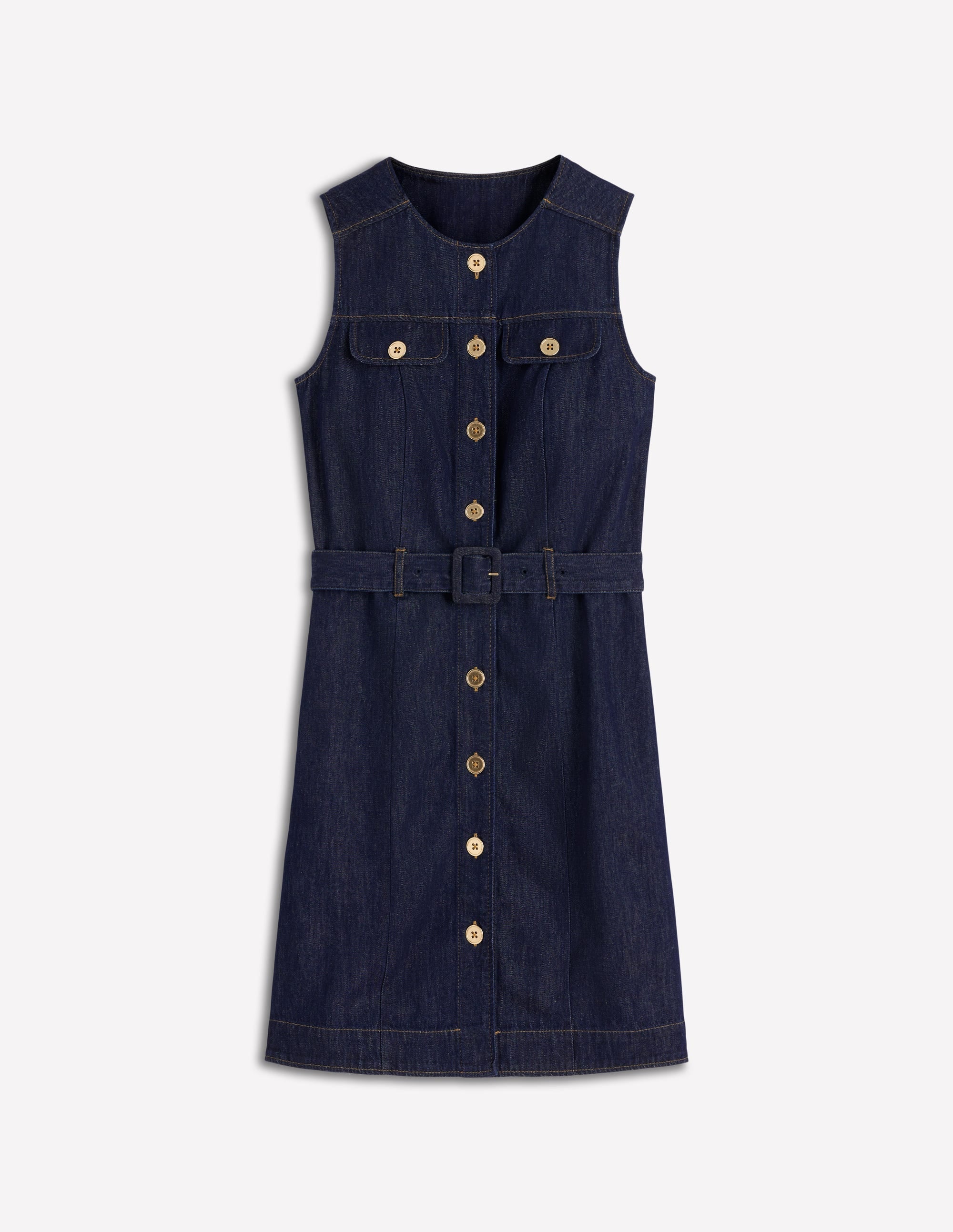 Short Gold Button Denim Dress-Indigo