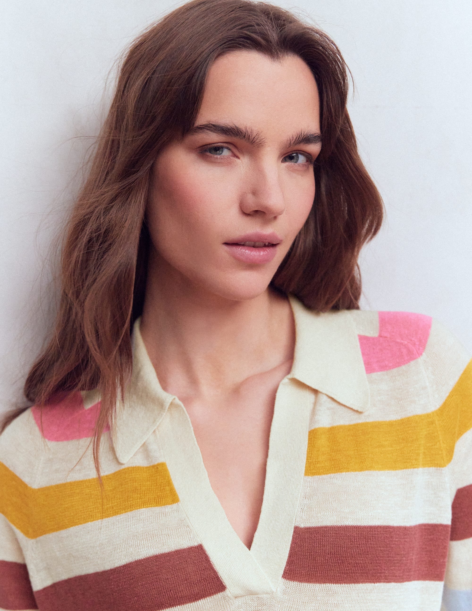 Agnes Collared Linen Jumper-Ivory, Pink, Green Multistripe