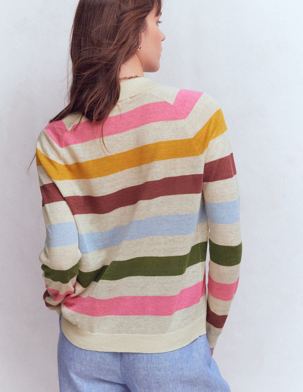 Agnes Collared Linen Jumper-Ivory, Pink, Green Multistripe