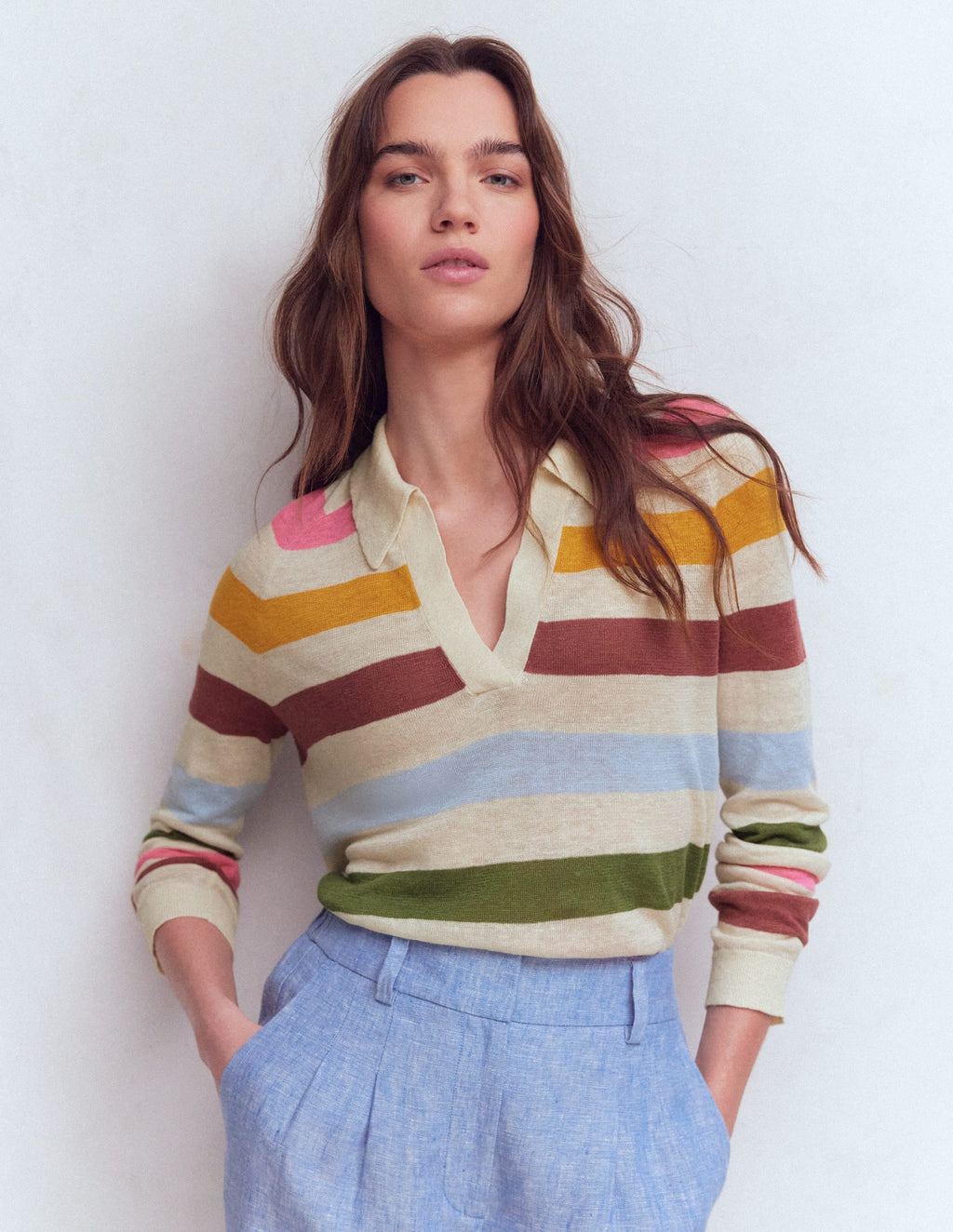 Agnes Collared Linen Jumper-Ivory, Pink, Green Multistripe