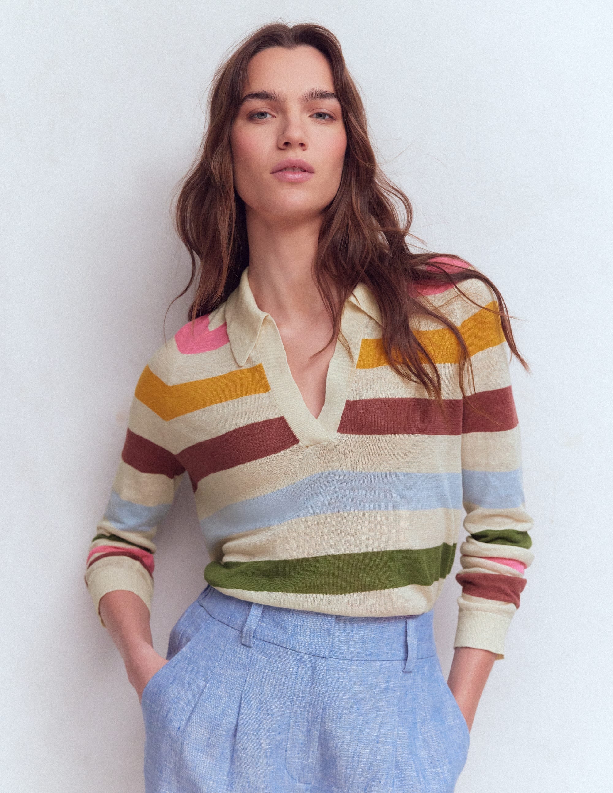 Agnes Collared Linen Jumper-Ivory, Pink, Green Multistripe