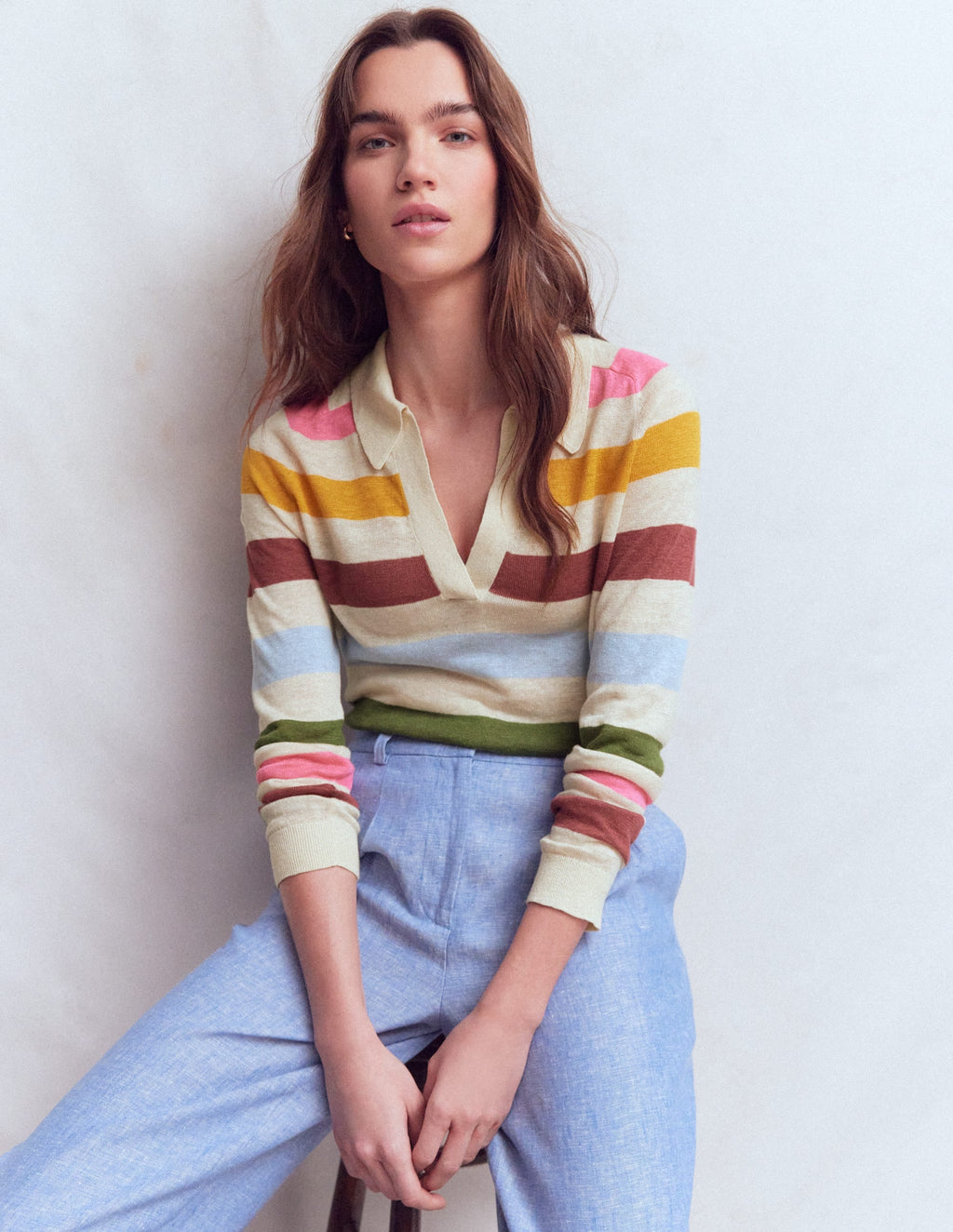Agnes Collared Linen Jumper-Ivory, Pink, Green Multistripe