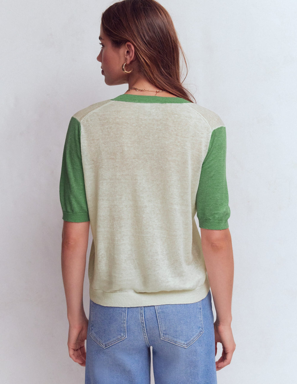 Agnes Linen V Neck T-Shirt-Ivory/ Green