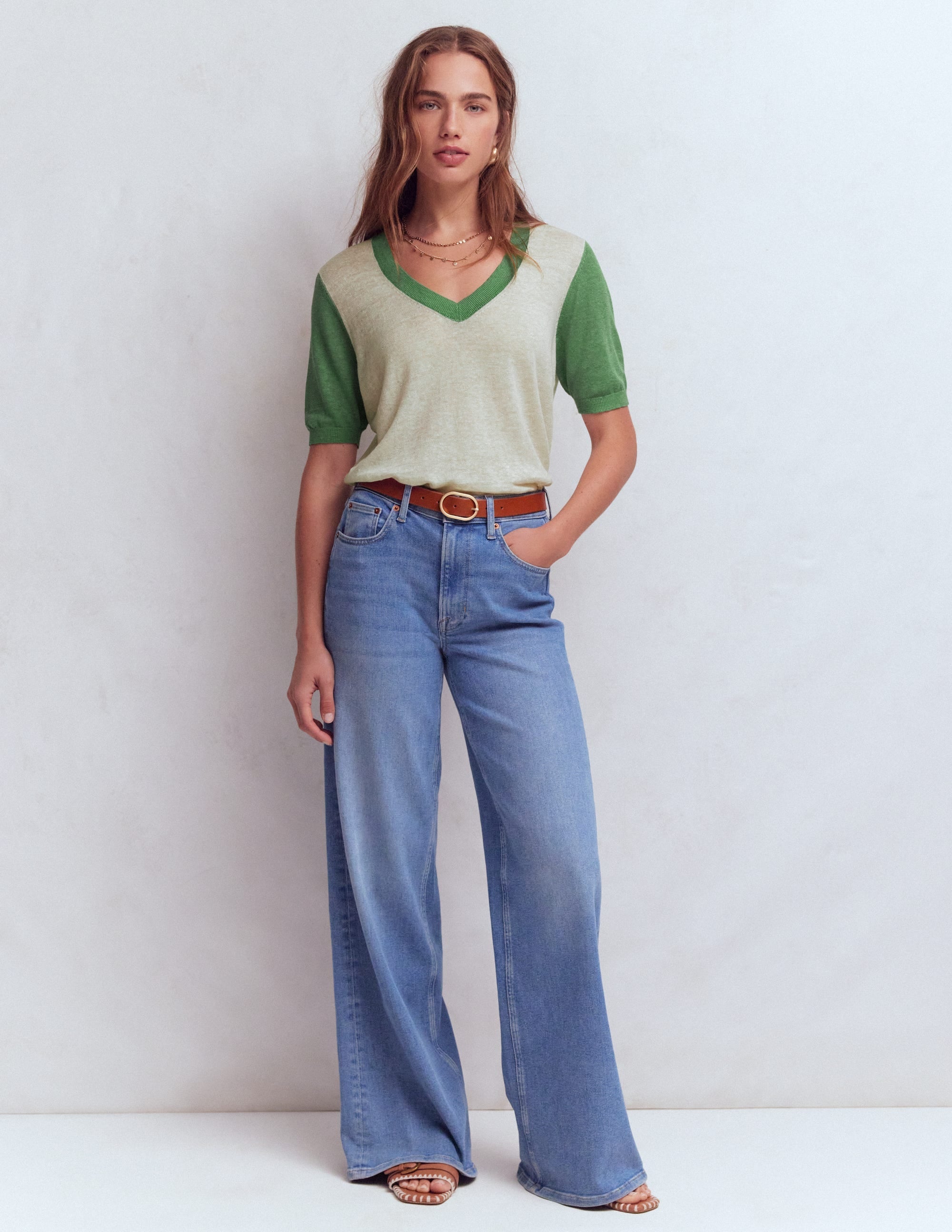 Agnes Linen V Neck T-Shirt-Ivory/ Green