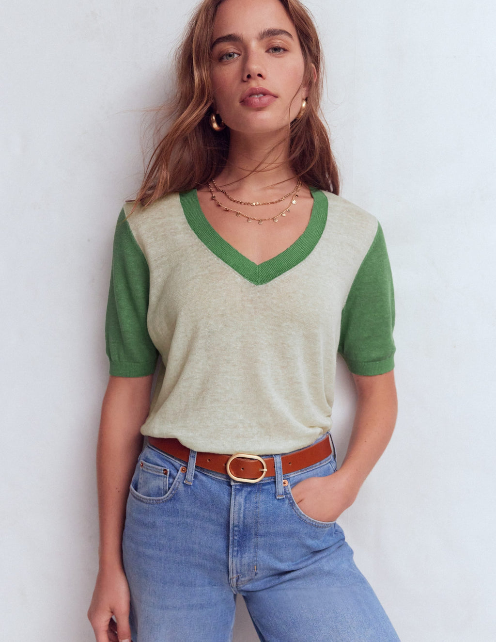 Agnes Linen V Neck T-Shirt-Ivory/ Green
