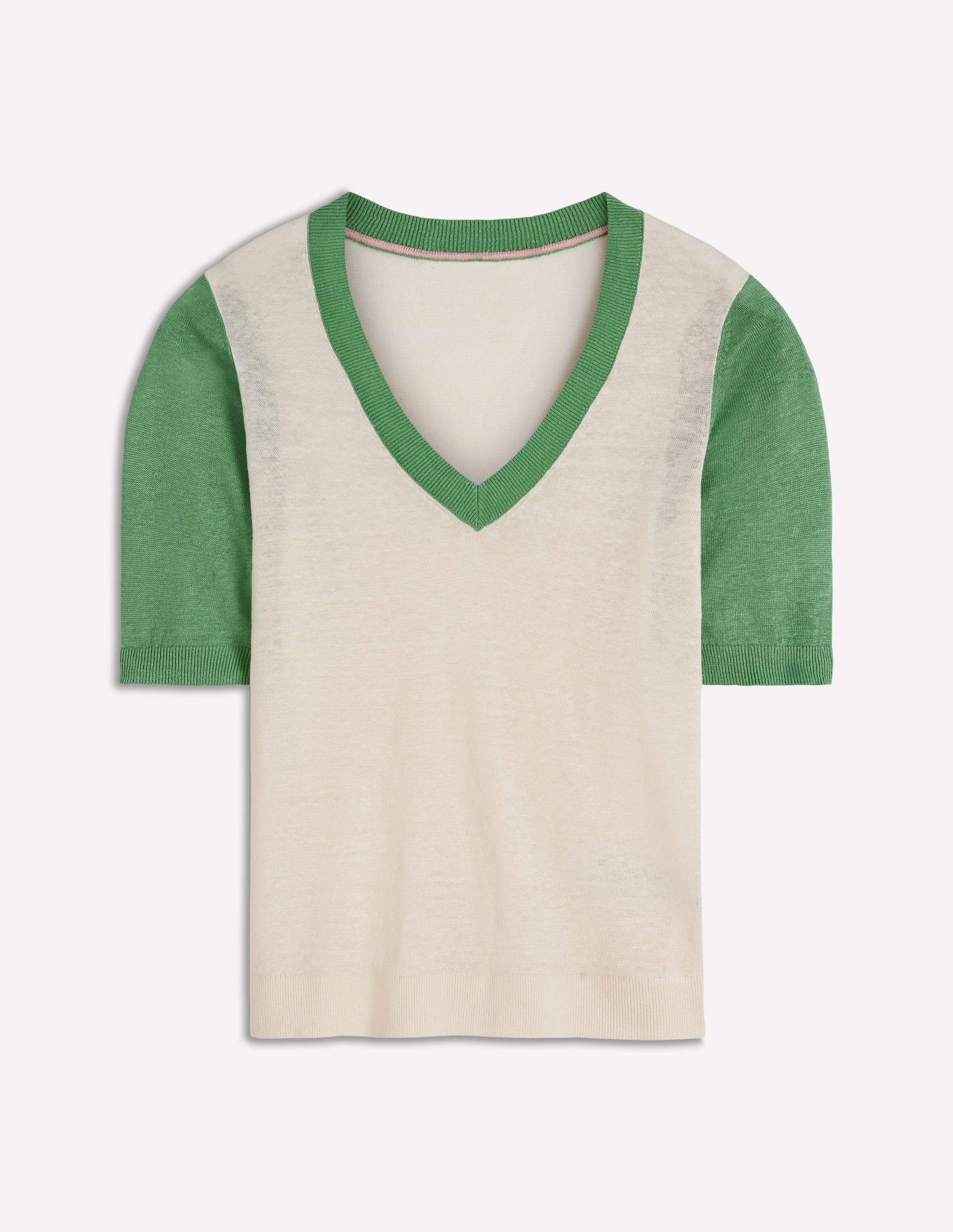Agnes Linen V Neck T-Shirt-Ivory/ Green