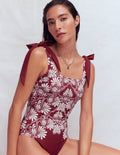 Bow Tie Shoulder Swimsuit-Maroon, Botanical Charm