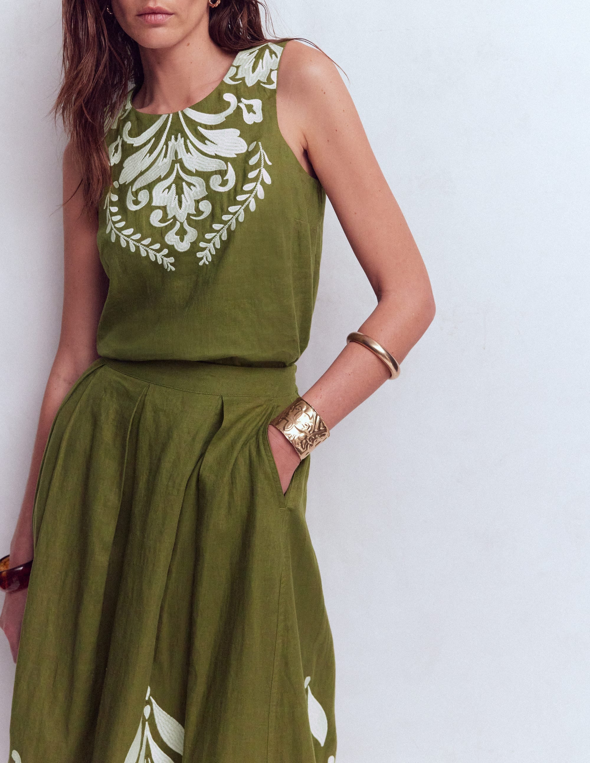 Sofia Embroidered Linen Top-Woodland Green