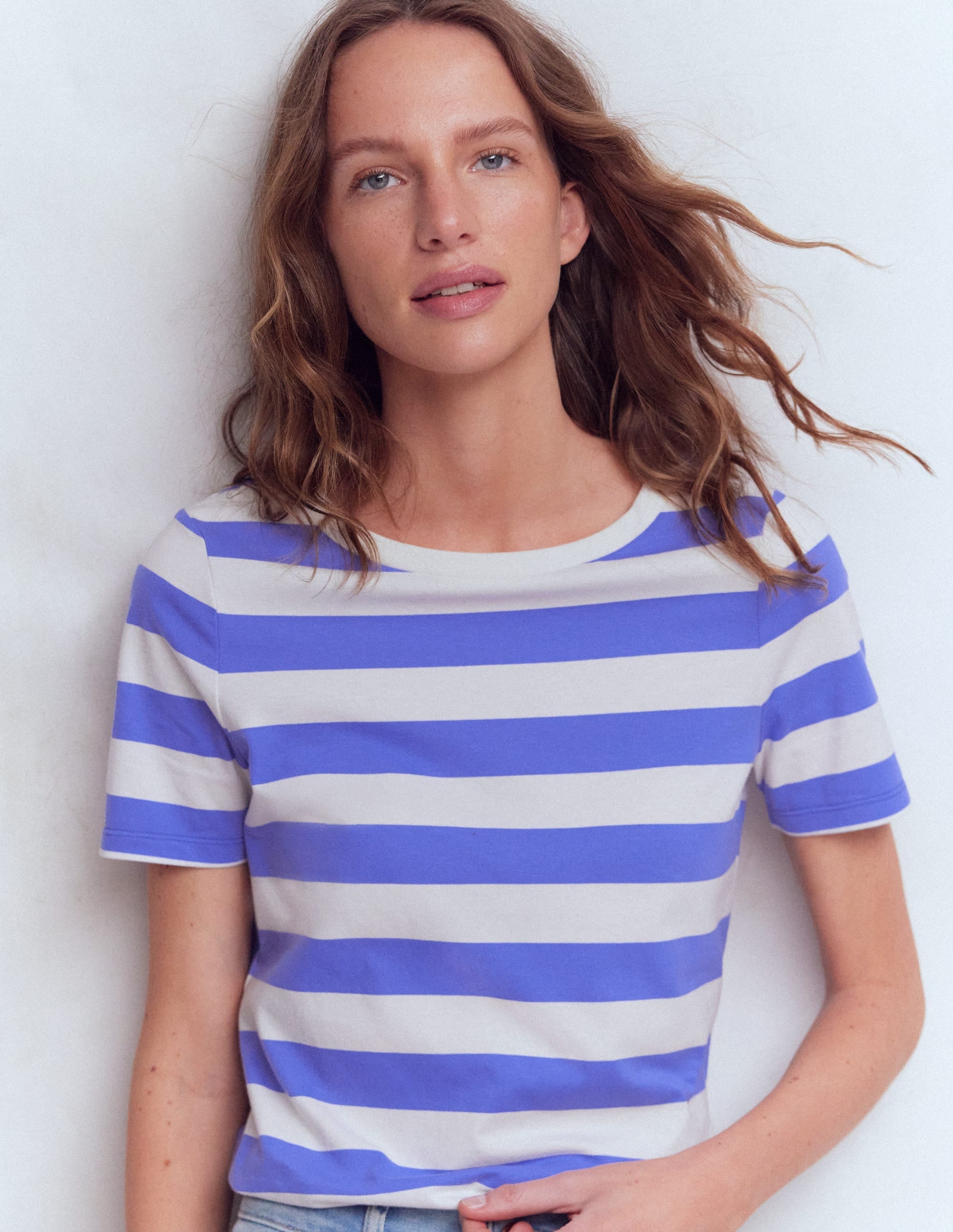 Olivia Short Sleeve Breton-Baja Blue and Ivory Stripe