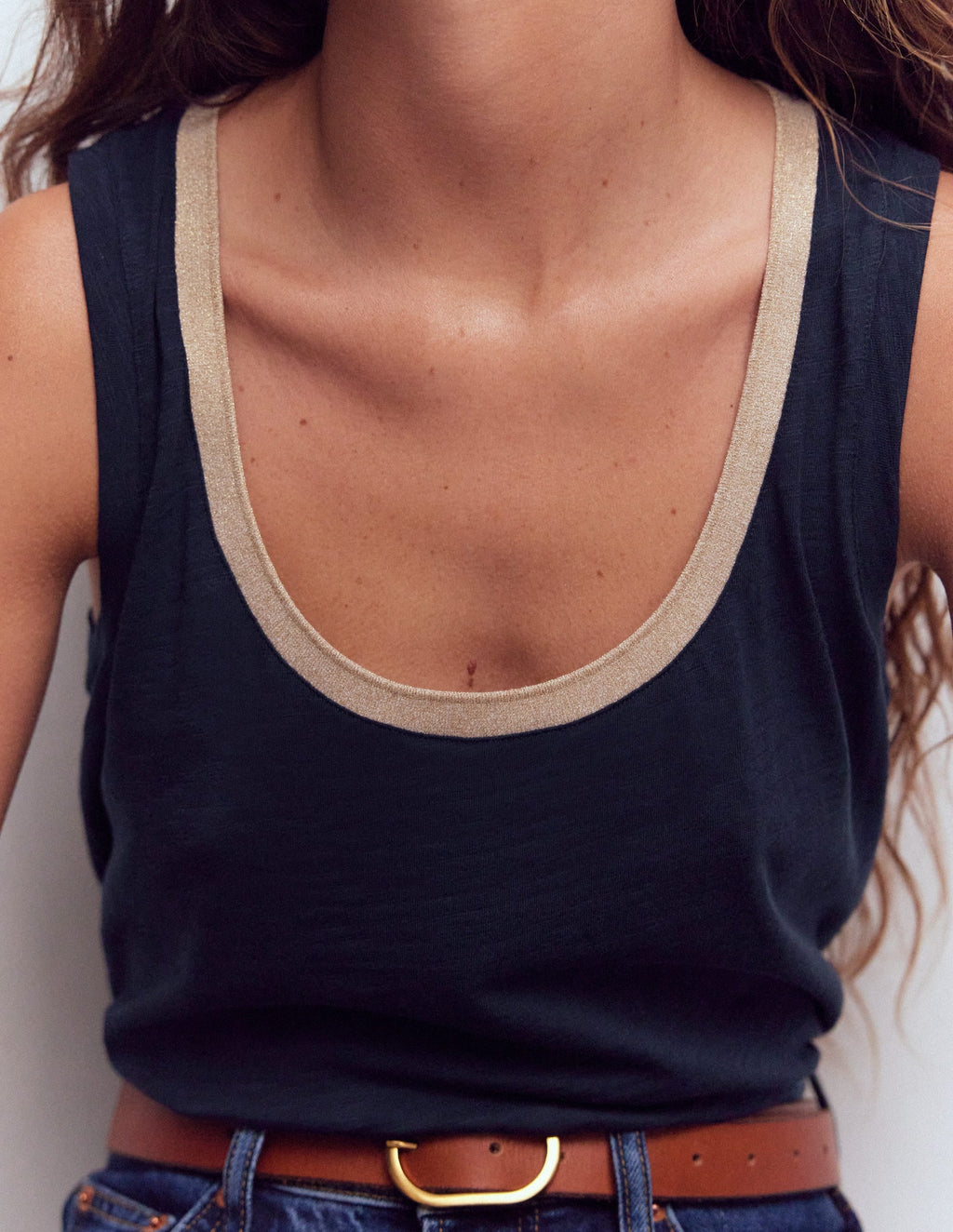 Metallic Trim Scoop Neck Vest-Navy