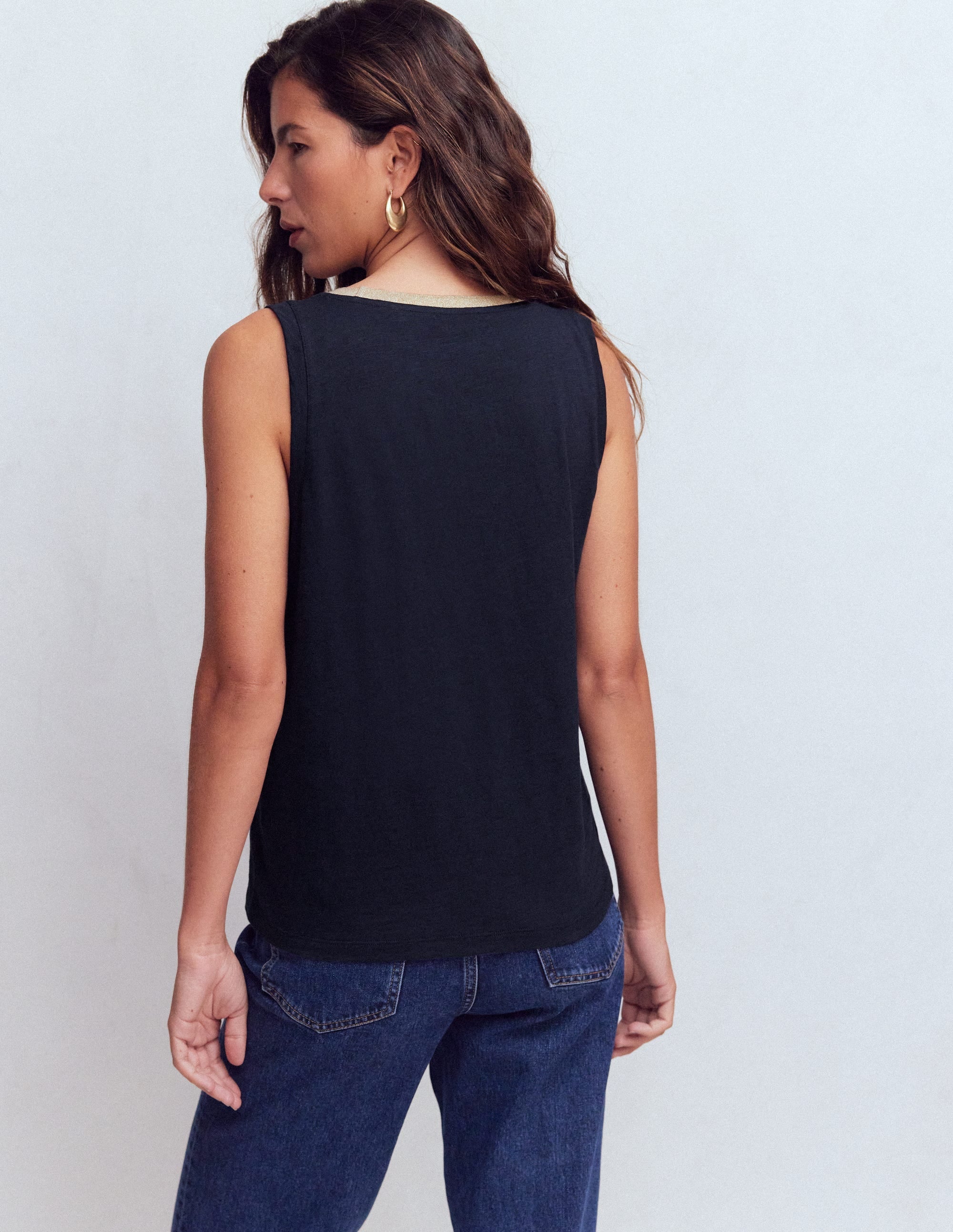 Metallic Trim Scoop Neck Vest-Navy