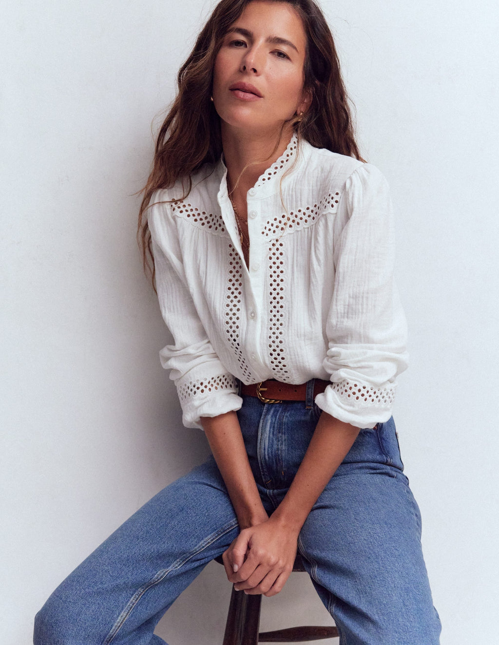 Trim Detail Double Cloth Top-White