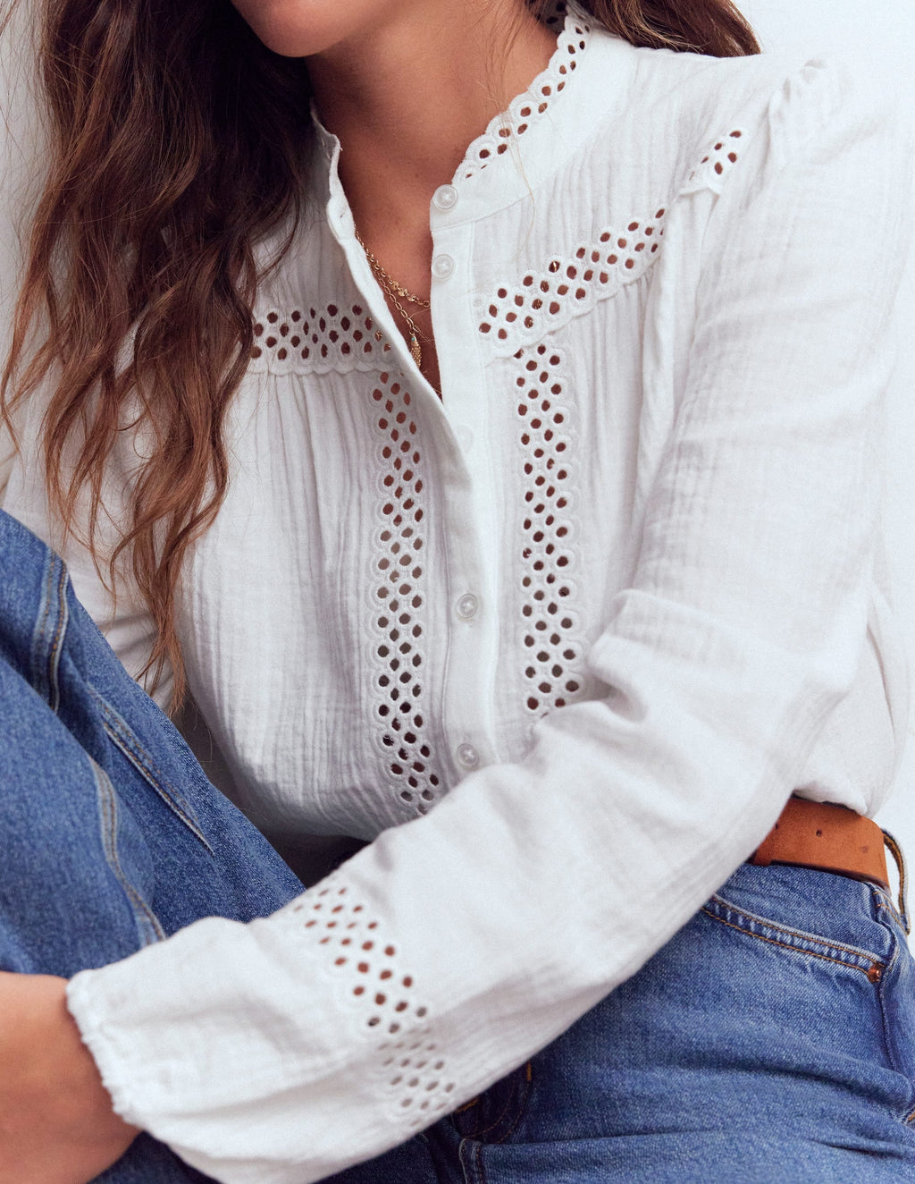 Trim Detail Double Cloth Top-White