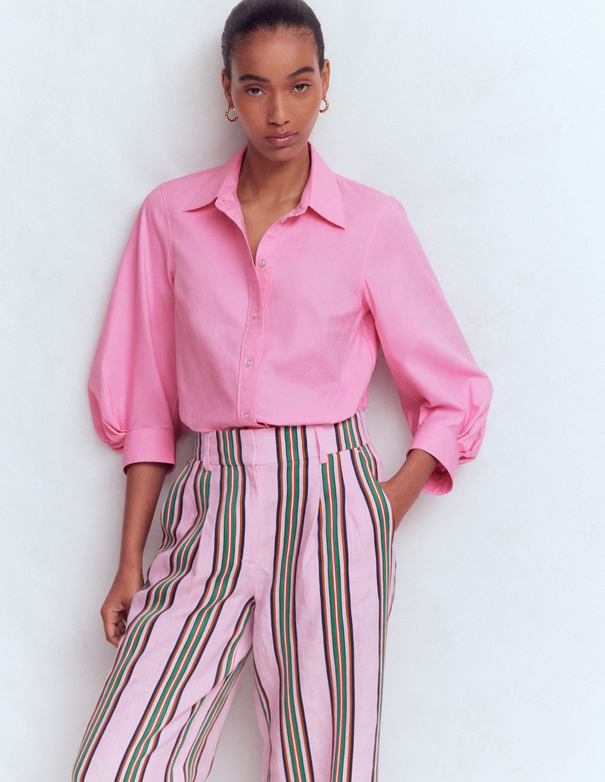 Puff Sleeve Oxford Shirt-Pink