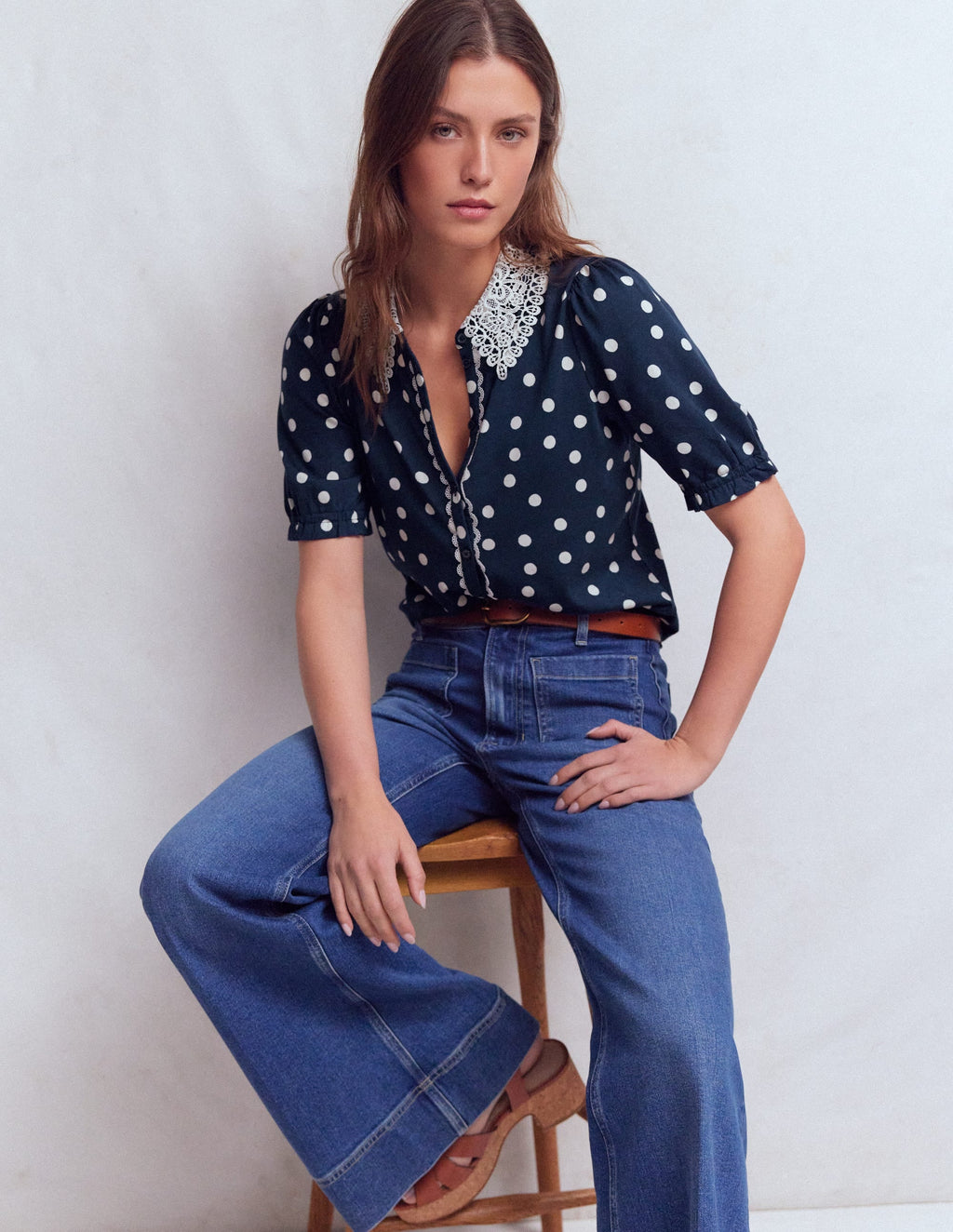 Nessa Broderie Collar Blouse-Painted Dot Spaced