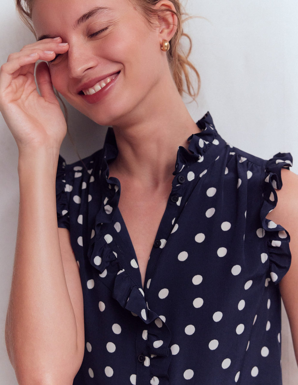 Isabel Sleeveless Silk Top-French Navy, Painted Dot