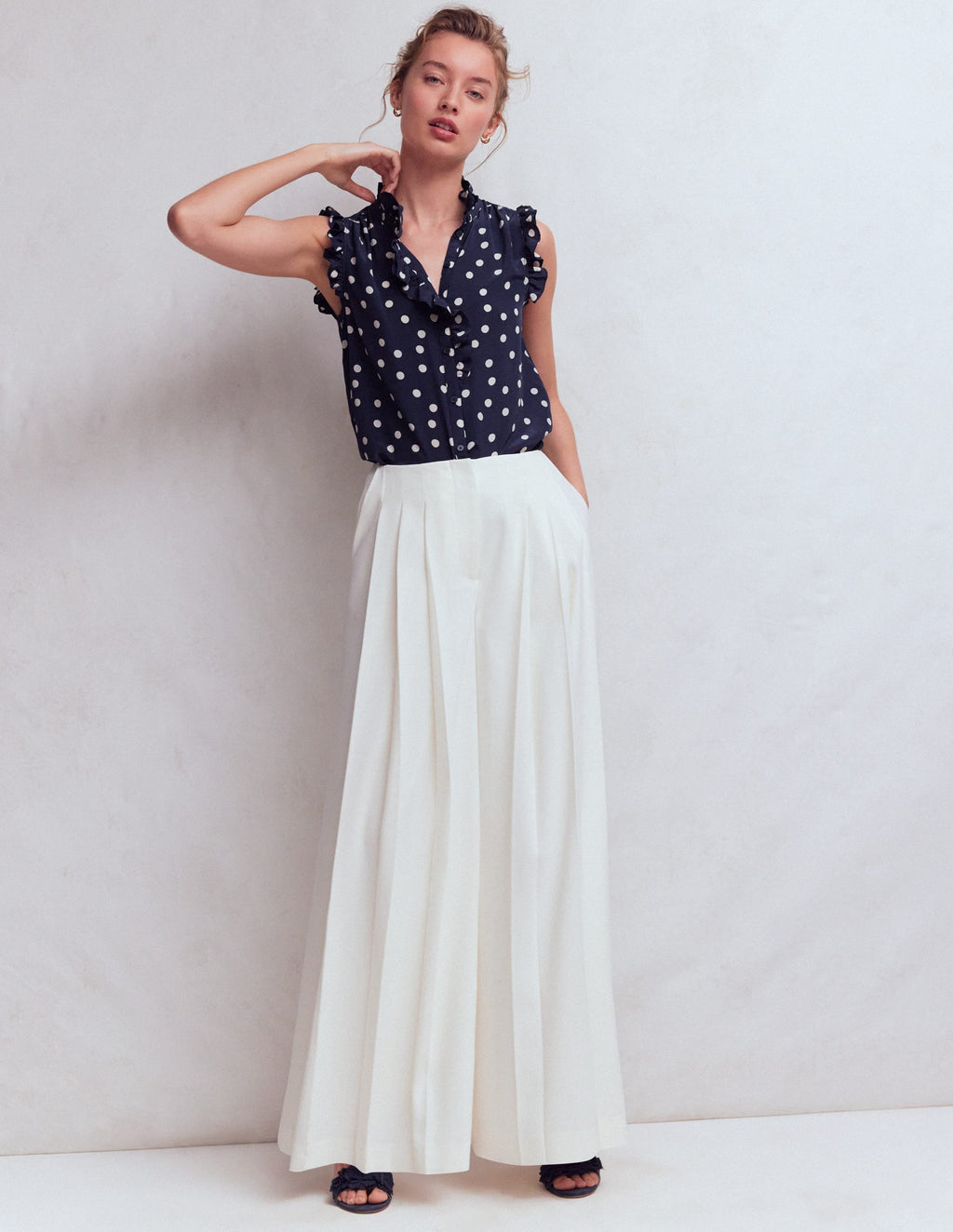 Isabel Sleeveless Silk Top-French Navy, Painted Dot