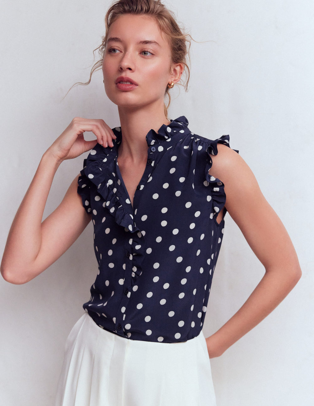 Isabel Sleeveless Silk Top-French Navy, Painted Dot