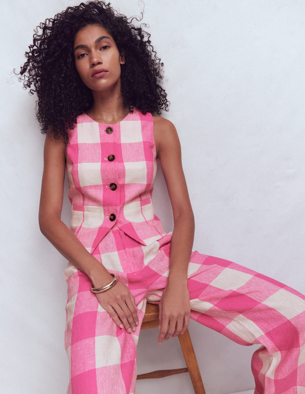 Linen Waistcoat-Pink Punch Gingham