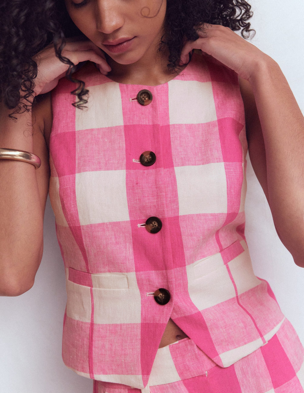 Linen Waistcoat-Pink Punch Gingham
