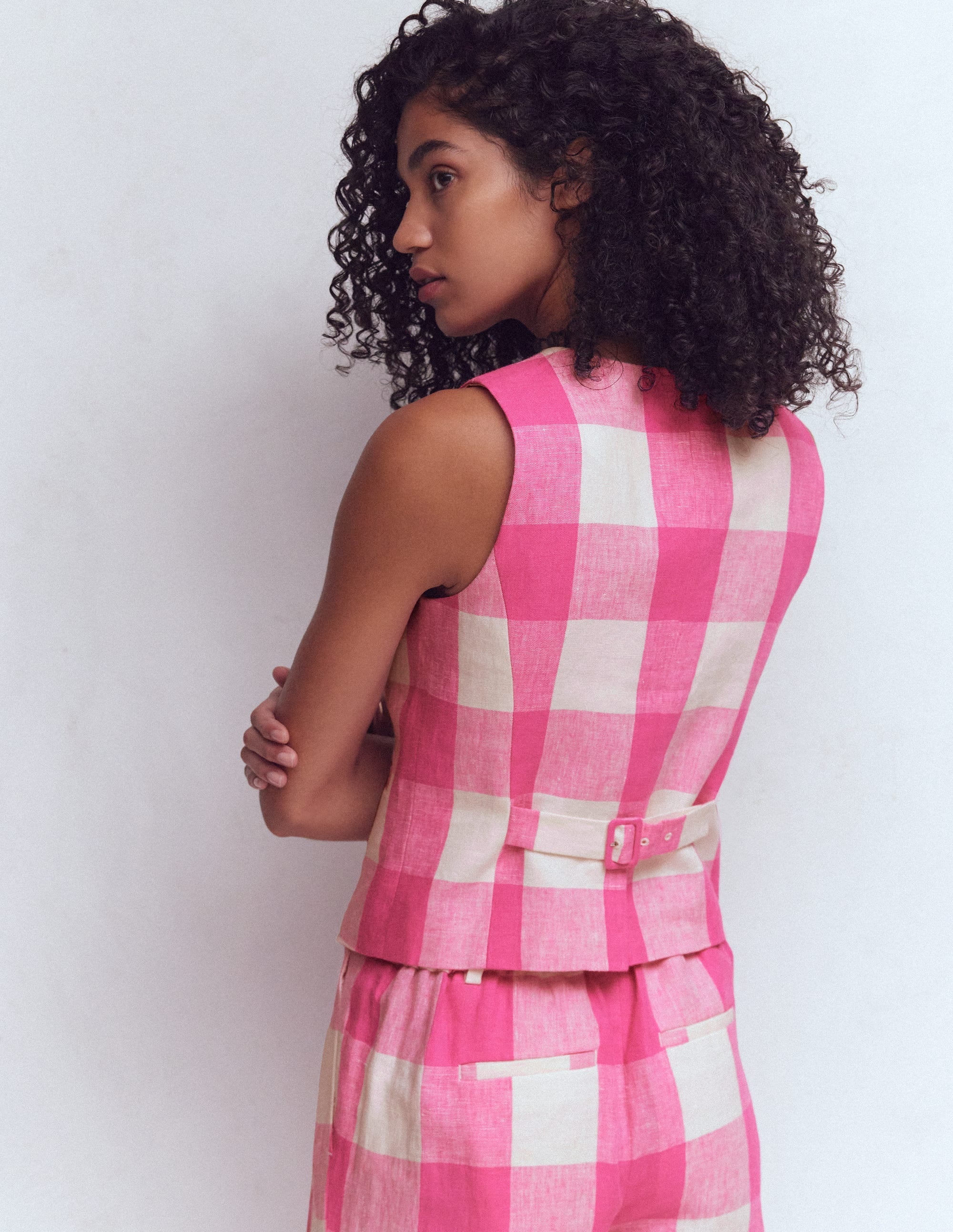 Linen Waistcoat-Pink Punch Gingham