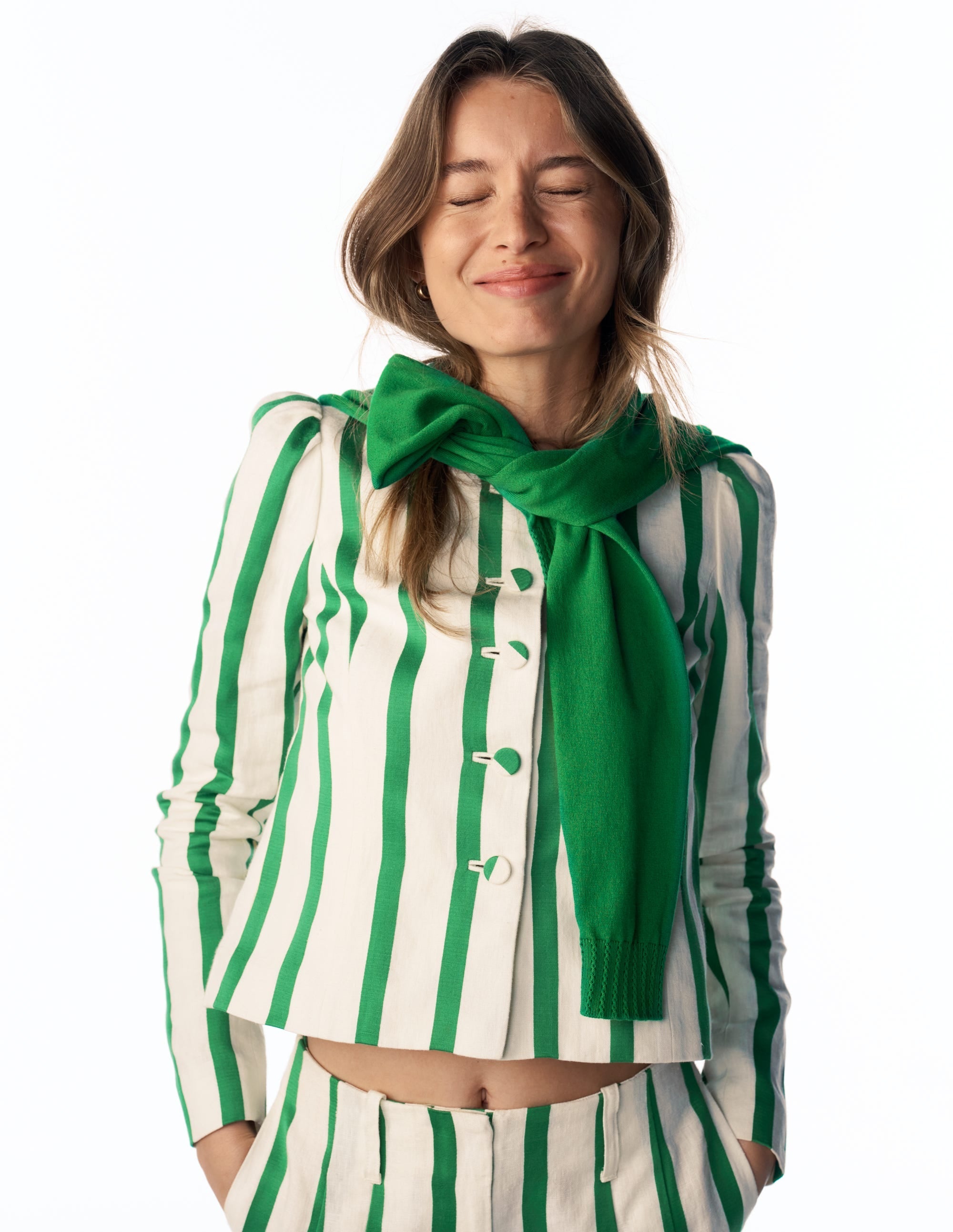 Salisbury Puff Sleeve Jacket-Ivory, Fresh Green Stripe