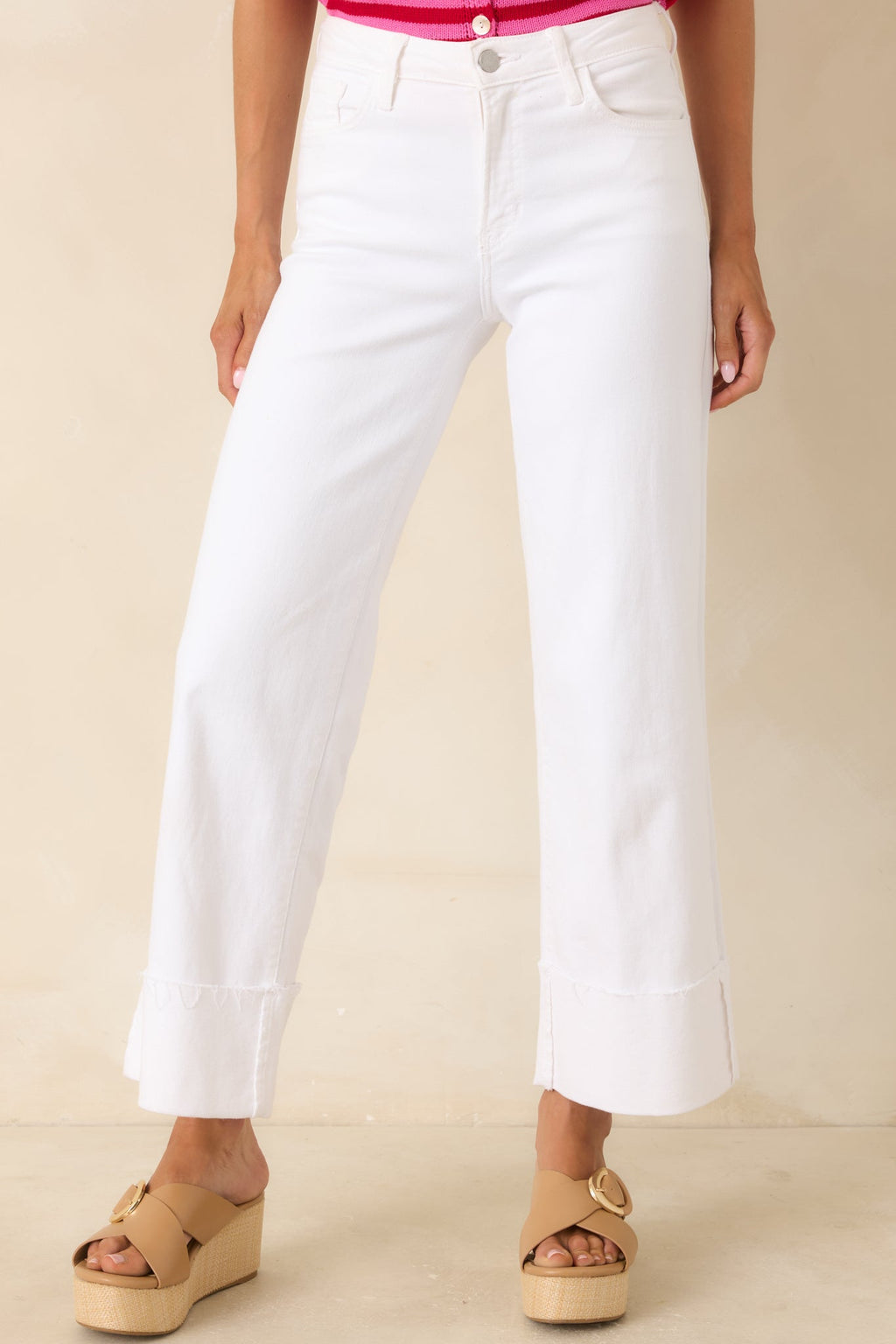 Best I've Seen White Stretch Wide Leg Cuffed Jeans